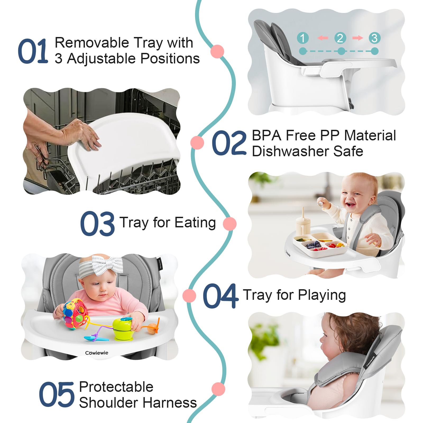 Cowiewie 16-in-1 Convertible Baby High Chair - Adjustable Toddler Chair with Safety Harness, Removable Tray & Building Block Table | Portable Highchair for Infants to Kids (Grey) | Perfect for Dining, Playtime & Learning Activities at Home or Travel