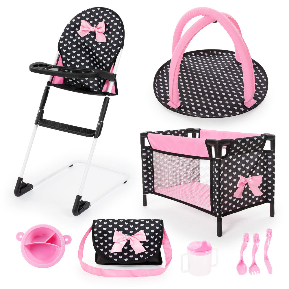 Bayer Design Dolls 9-Piece Travel Set with Highchair & Port a Crib - Black, Pink, Hearts | Perfect for Kids Pretend Play, Travel & Nursery Decor