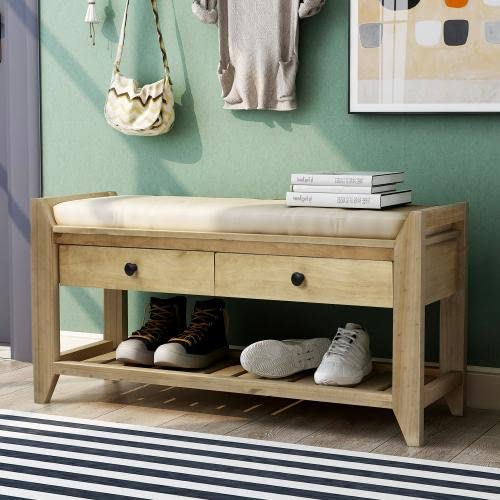 Wooden Shoe Storage Bench with 2 Drawers & Shelf - Gray Wash Entryway Organizer with Cushioned Seat - Perfect for Mudroom, Hallway & Closet Organization