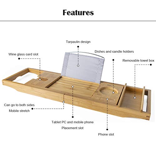 Premium Extendable Bathtub Caddy Tray - Luxury Bath Tray with Book Stand, Holds Wine Glass, Tablet, Phone & Candles (74.5x23x4.5cm) - Perfect Relaxation Gift for Spa Nights, Reading & Wine Baths