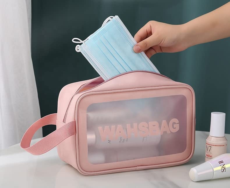 WELL ENTERPRISE 3-Pack Pink Transparent Cosmetic Wash Bags - Waterproof Makeup Pouch & Travel Toiletry Organizer with Zipper & Handle for Women & Men - Perfect for Gym, Travel, and Daily Beauty Storage