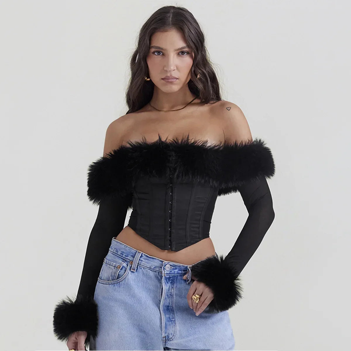2023 Women's Detachable Fur Off-Shoulder Cropped Top - Sexy Black Long Sleeve Blouse for Autumn/Winter | Casual Party Wear, Date Night Outfit, Holiday Fashion