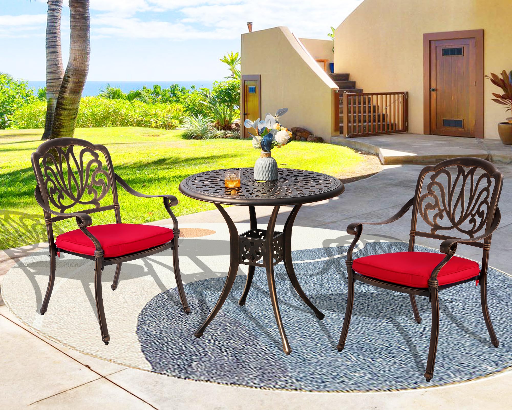 TITIMO 3-Piece Cast Aluminum Patio Dining Set - Outdoor Bistro Furniture with Weather-Resistant Table & Chairs, Cushions & Umbrella Hole - Perfect for Garden, Backyard, Poolside & Outdoor Entertaining (Red)