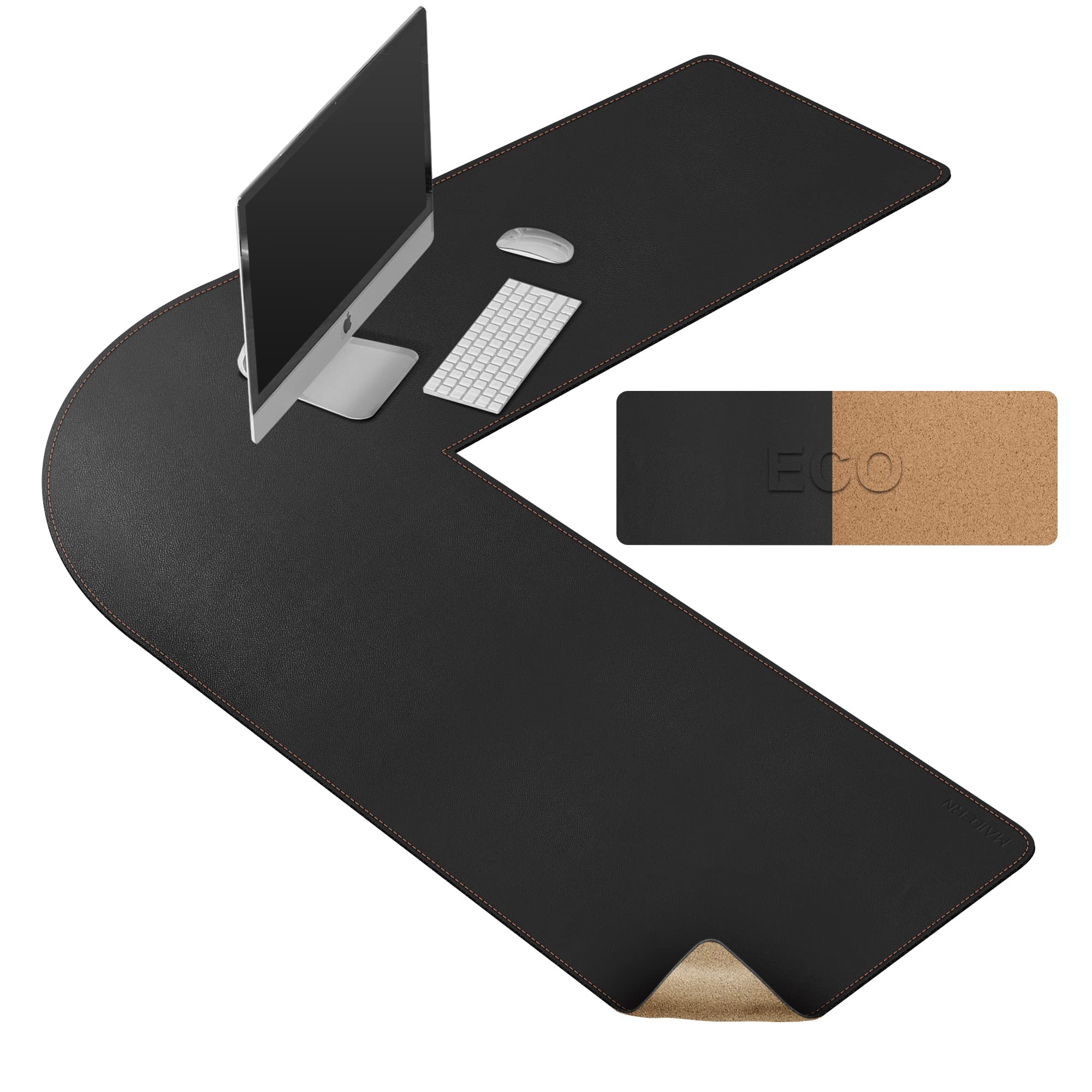 MAIDERN 51 Inch L-Shaped Corner Desk Mat - Reversible Cork & Leather Desk Pad for Gaming, Computer, Office & Home Use (Black) - Perfect for Workstations, Home Offices & Gaming Setups