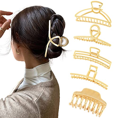 5PCS Large Claw Hair Clips for Thick Hair - Strong Hold Non-Slip Banana Hair Claws for Women, Gold Metal Hair Accessories - Perfect for Updos, Ponytails & Everyday Hairstyles