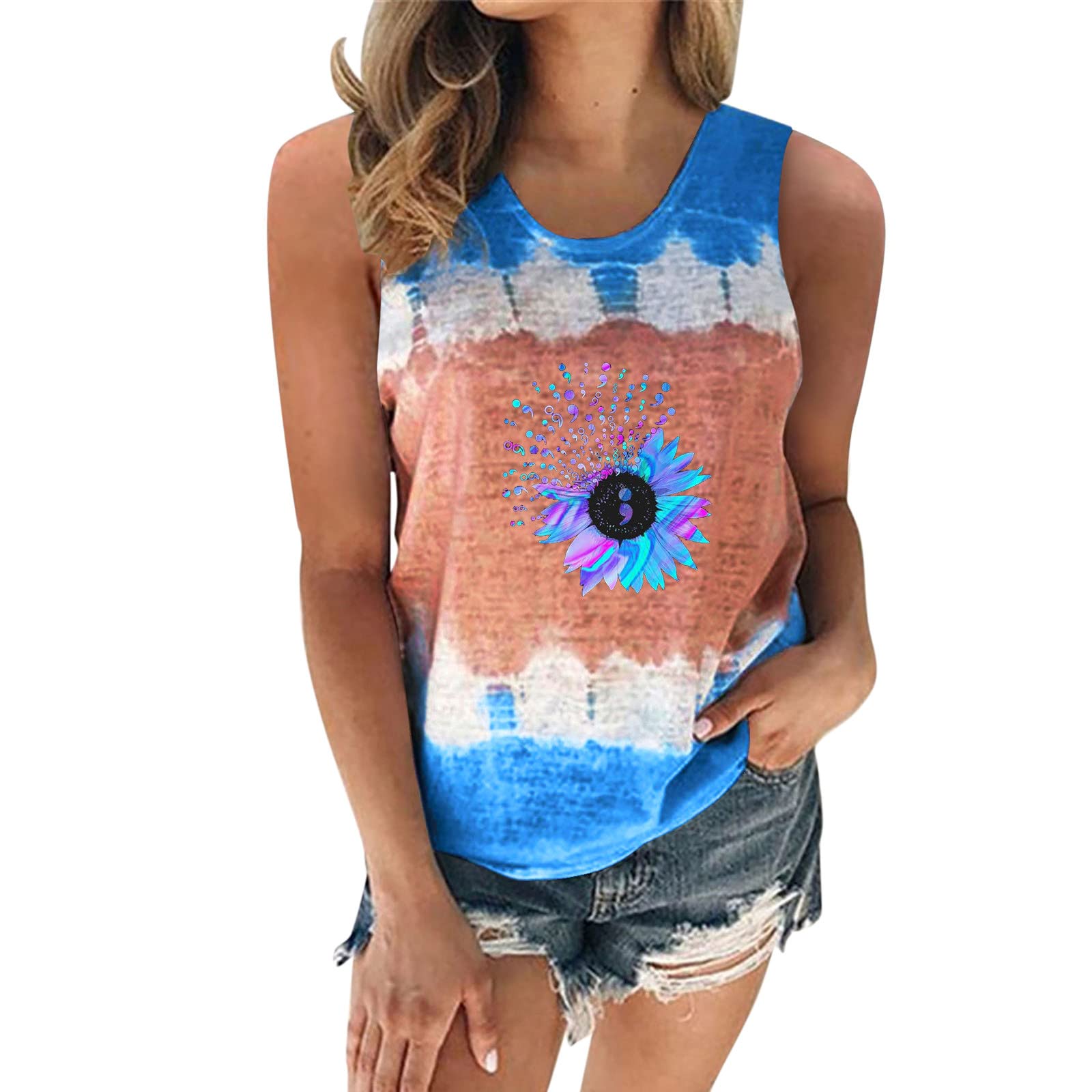 Women's Summer V-Neck Sleeveless T-Shirts - Casual Dandelion Print Blouse with Round Neck Tie | Perfect for Beach Outings, Vacation Wear & Everyday Fashion