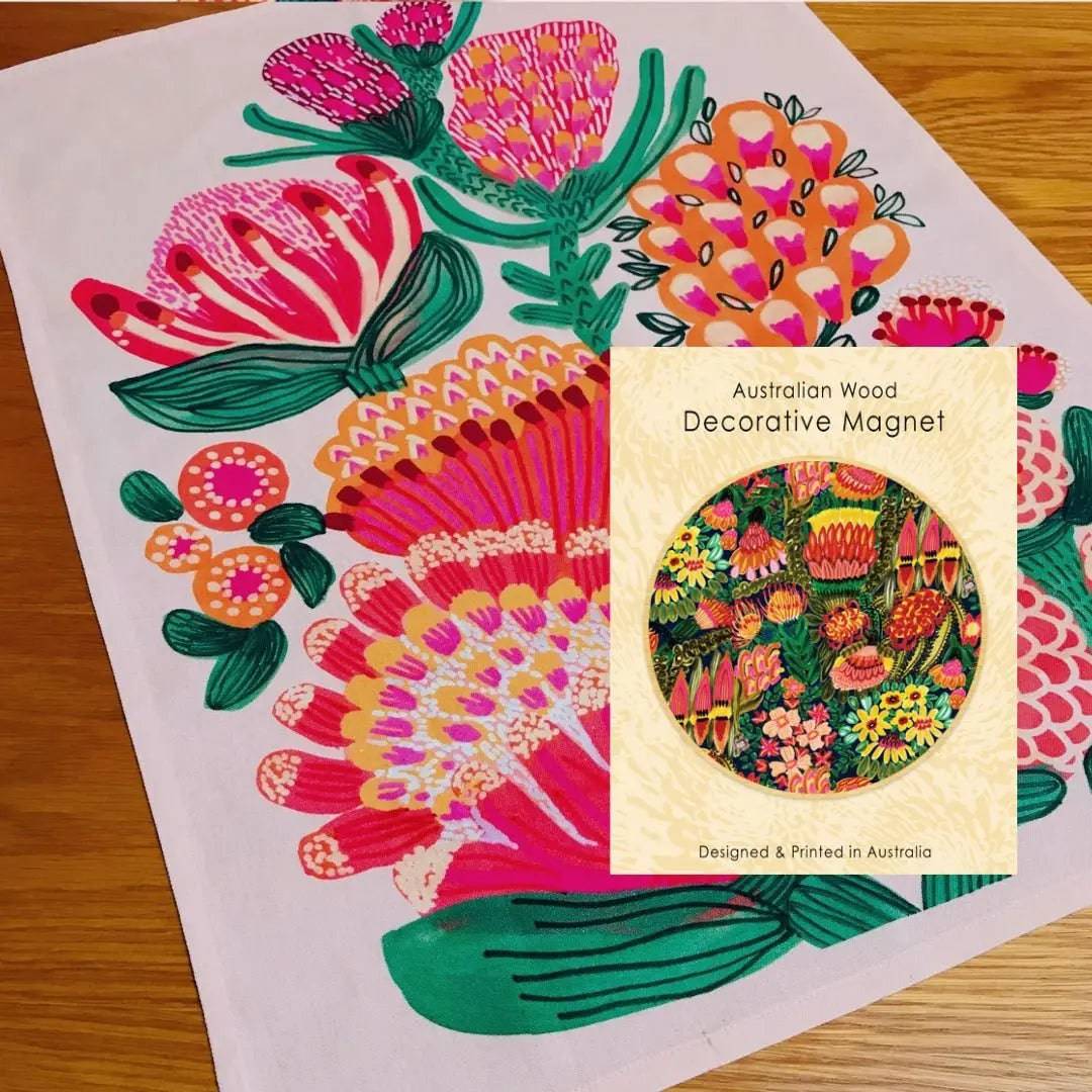 Grevillea Garden Tea Towel & Wooden Fridge Magnet Gift Set - Australian Floral Design Kitchen Accessories for Home Decor & Housewarming Gifts