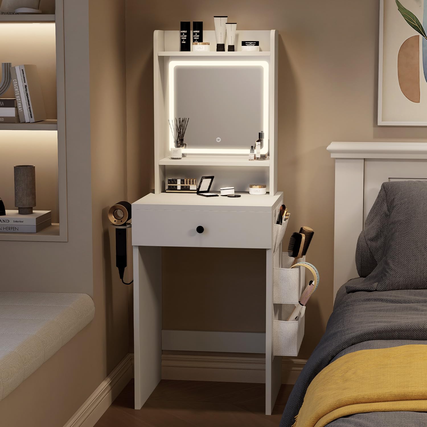 Small White Vanity Desk with 3 Adjustable LED Lighted Mirror & Power Outlet - Compact Makeup Dressing Table with Storage Side Bag for Bedroom - Perfect Mini Vanity Set for Small Spaces, Apartments & Dorm Rooms