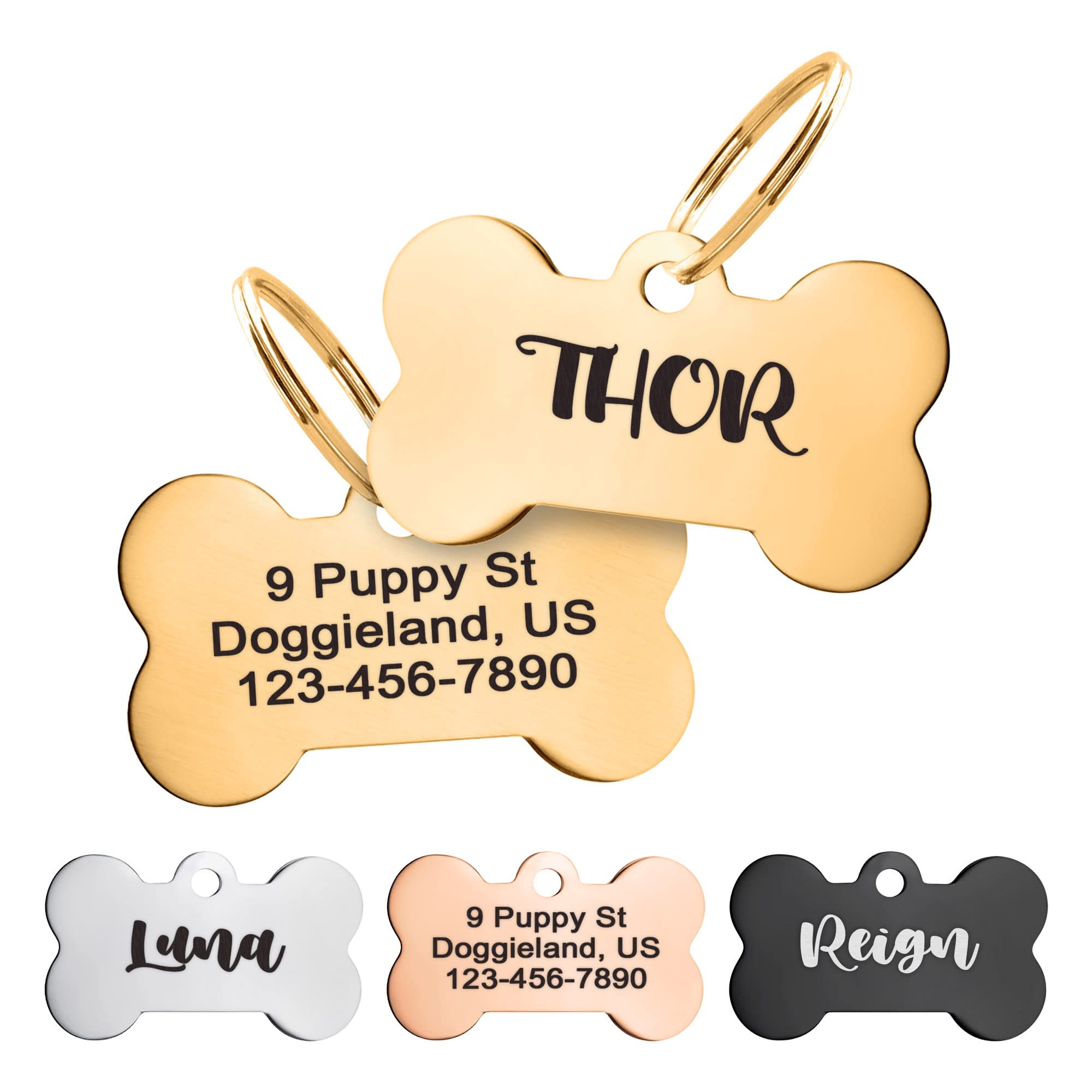 Custom Bone-Shaped Pet ID Tag - Personalized Stainless Steel Collar Tag with Laser Engraving for Dogs, Puppies & Cats - Shiny Bling Paw Design with Safety Ring - Perfect for Lost Pet Prevention & Everyday Wear