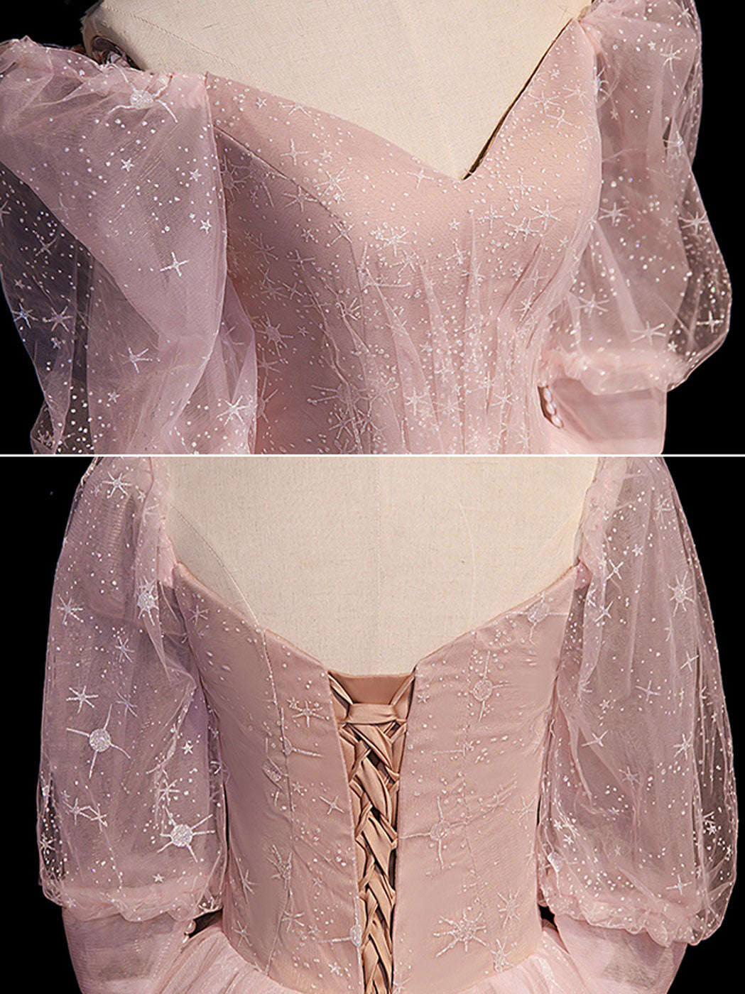 Elegant Pink A-Line Puffy Sleeves Tulle Long Prom Dress for Sweet 16 Party, Homecoming, Quinceañera & Formal Events - Plus Size Available