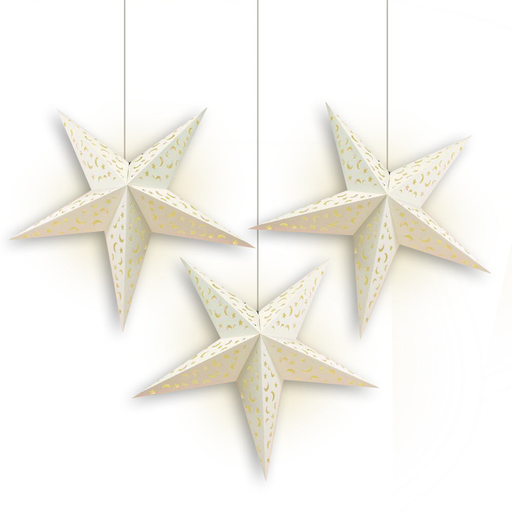 3 Pack White Moon and Stars 24 LED Paper Star Lanterns - Hanging Party Decorations for Bedroom, Wedding, Baby Shower & Outdoor Events