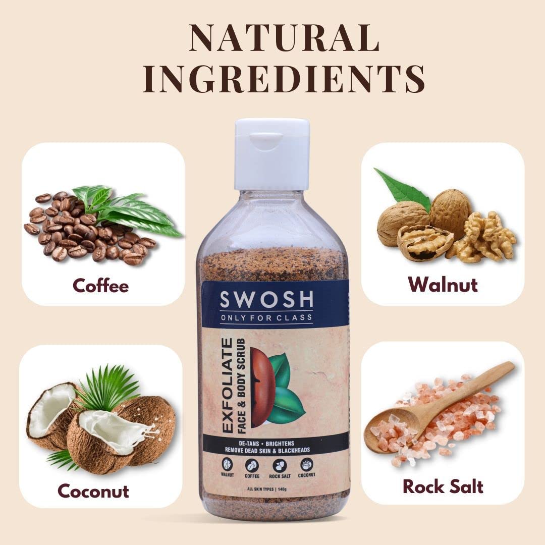 SWOSH Coffee Body Scrub for Women & Men - 140g Exfoliating Tan Remover for Face, Neck, Arms, Legs & Feet with Walnut, Rock Salt & Coconut Oil - Skin Brightening & Polishing Scrub for Spa Day & At-Home Skincare Routine