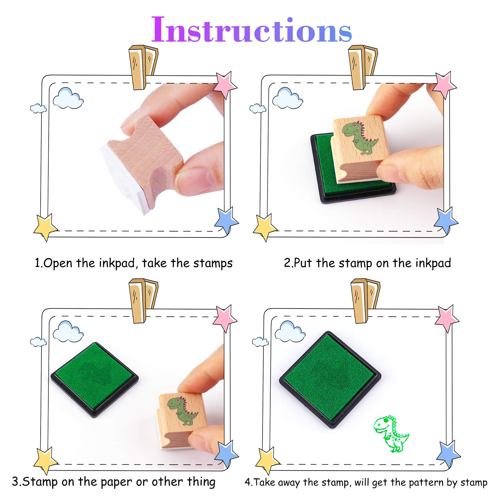 HOWAF 16pcs Kids Wooden Stamps with Ink Pad - DIY Crafts for Boys Birthday Gifts | Scrapbooking & Card Making