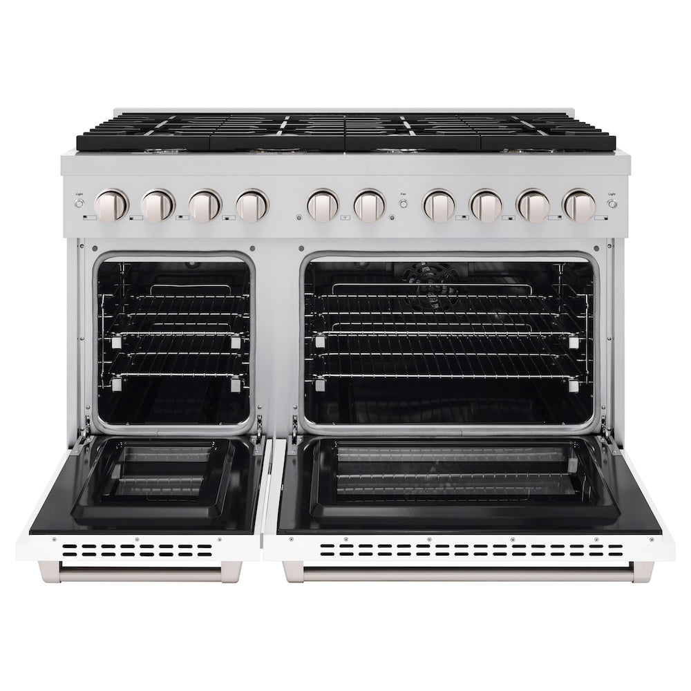 ZLINE 48-inch 6.7 cu. ft. Stainless Steel Dual Fuel Range with 8-Burner Gas Cooktop & White Matte Doors - Professional Double Oven for Home Kitchen Cooking, Baking & Entertaining (Model SDR WM 48)