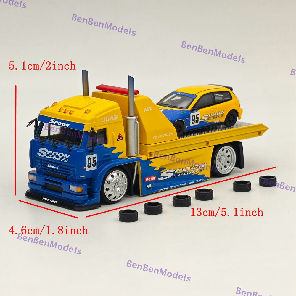 1:64 Scale SH KamAZ Spoon Sports Flatbed Tow Truck with Honda Civic EG6 Spoon #95 Diecast Model Car - Perfect for Collectors, Racing Enthusiasts, and Display Showcases