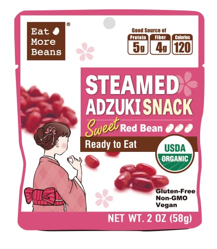 Organic Steamed Adzuki Snack - Sweet Red Bean (USDA Certified, Vegan, Ready to Eat) - Healthy Plant-Based Protein Snack for On-the-Go, Hiking & Office Breaks - Box of 10 Packs