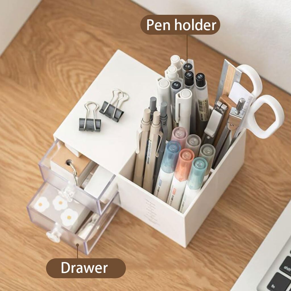 Stylish Large Capacity Plastic Pen Holder with Drawer - Countertop Desktop Organizer for Office & Home Stationery Storage | Perfect for Desks, Workstations, and Study Areas