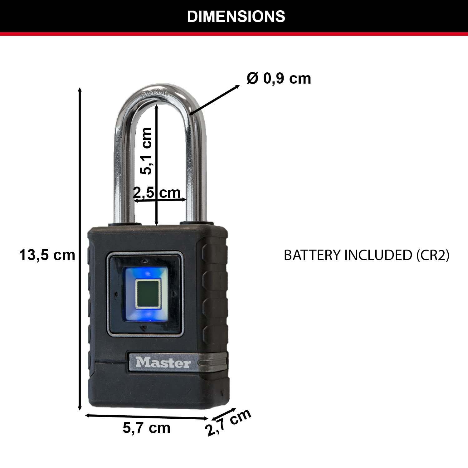 MASTER LOCK Heavy Duty Biometric Padlock - Weatherproof Fingerprint & Keypad Lock with Long Shackle (4901EURDLHCC) - Secure Storage for Outdoor Gates, Lockers, Toolboxes & Sheds