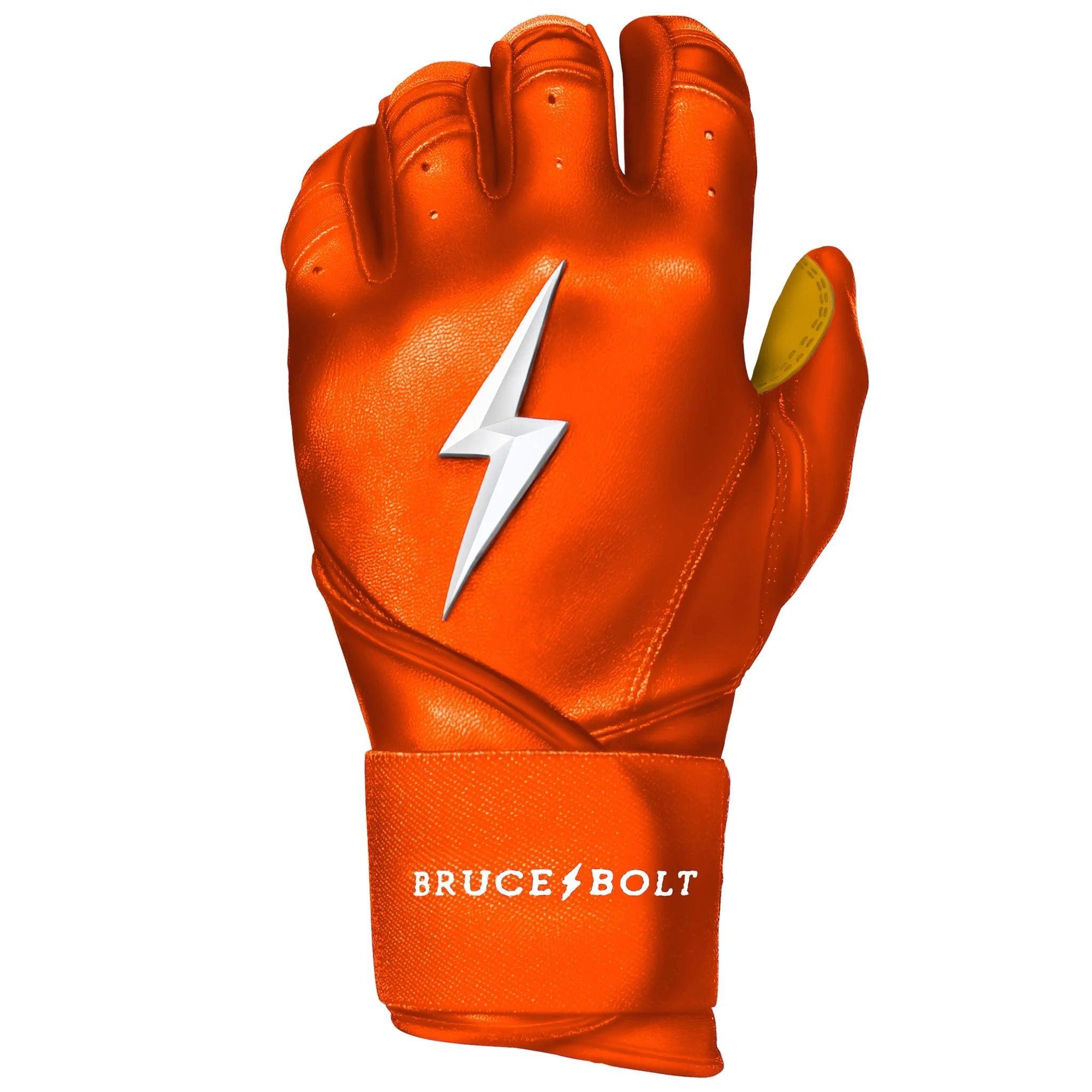 Bruce Bolt PREMIUM PRO Long Cuff Batting Gloves - Orange | High-Performance Baseball & Softball Gloves for Hitting & Training | Perfect for Games, Practice & Batting Cages