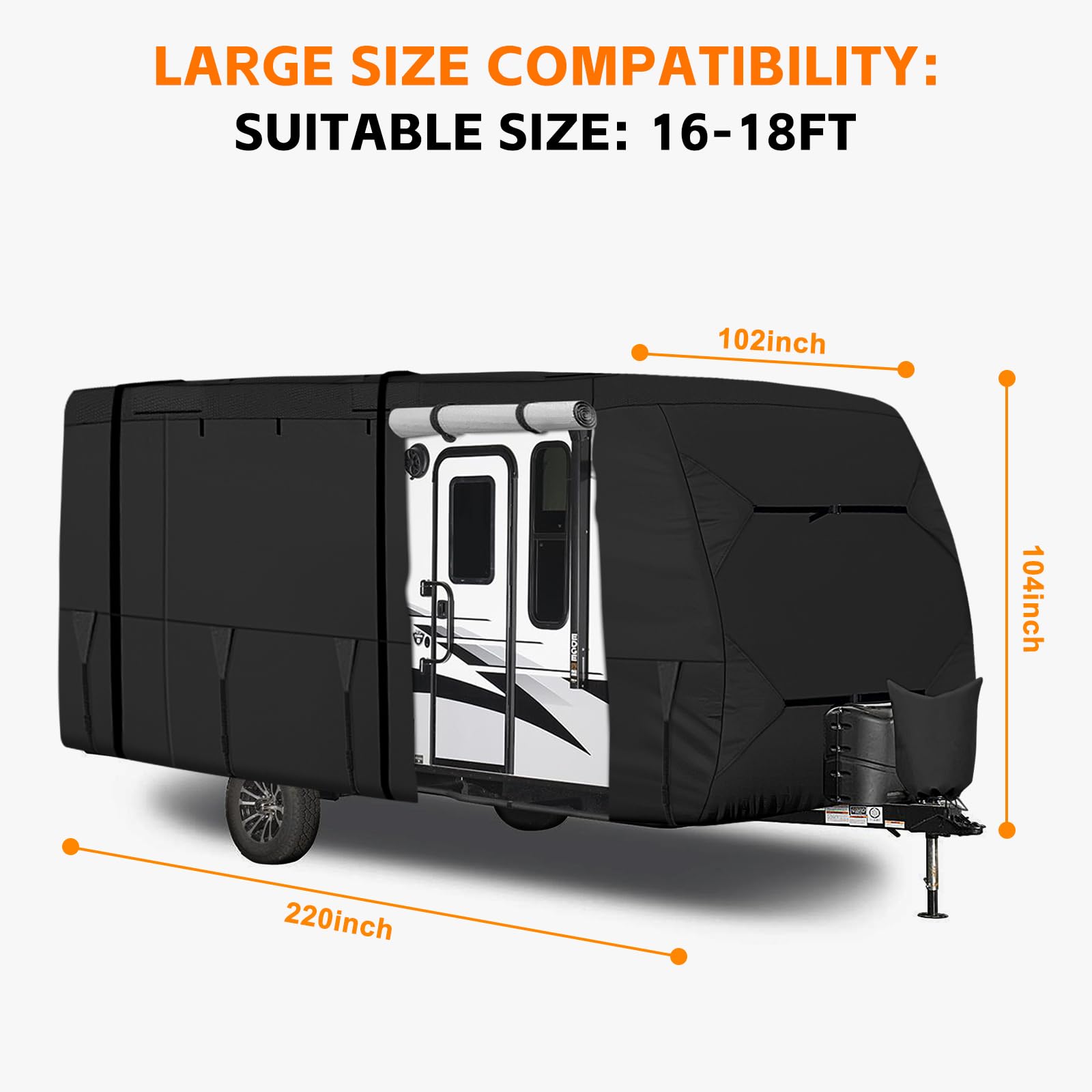 Upgraded Heavy Duty Waterproof RV Cover for 16-18 ft Travel Trailers - Oxford Cloth Camper Cover with 8 Straps & Tongue Jack Protection - UV Resistant Outdoor Storage Solution for Camping, Road Trips & Winter Protection