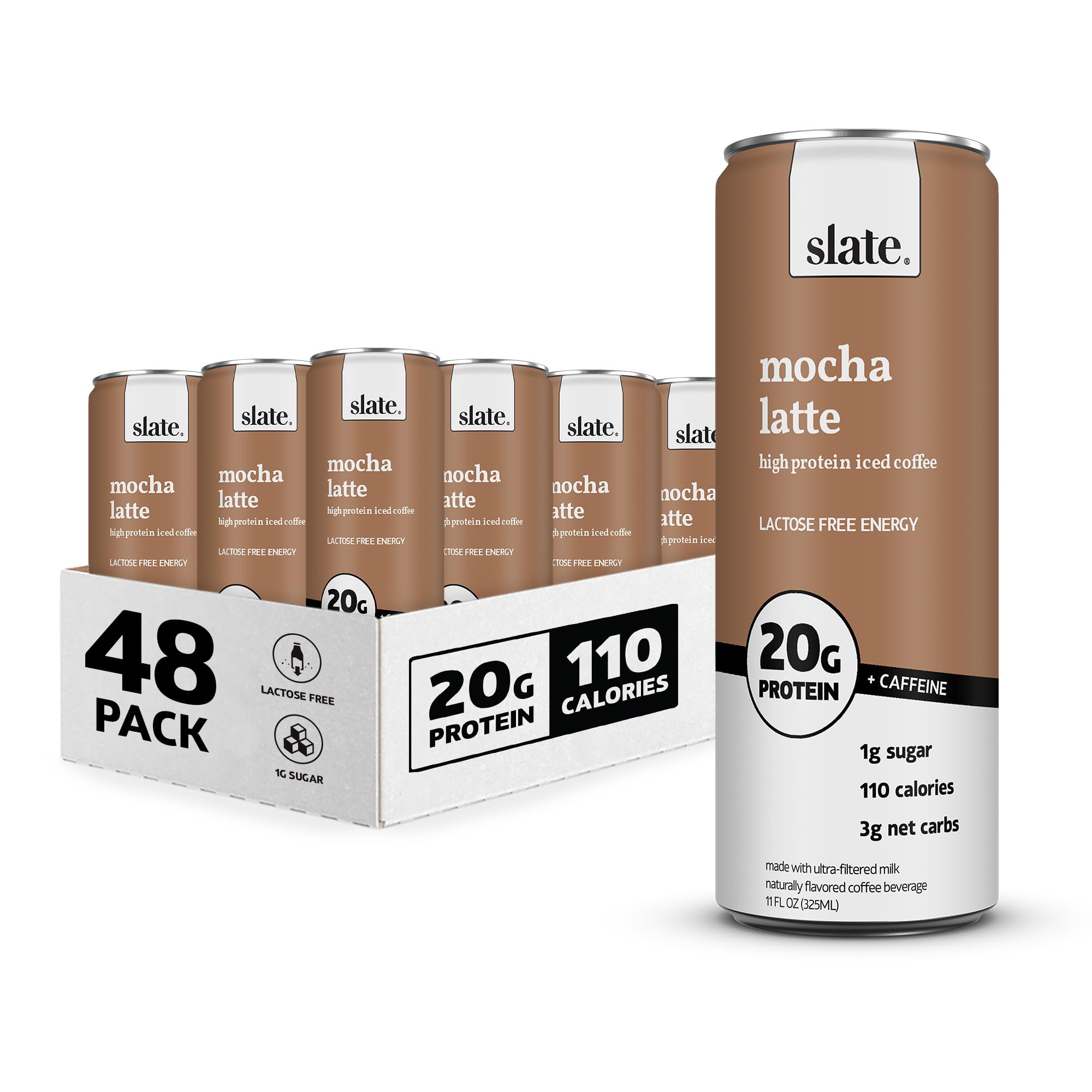 Slate Milk High Protein Shake - Mocha Latte Flavor, 20g Protein, Zero Added Sugar, 175mg Caffeine, Lactose Free, Keto Friendly, All Natural (11 oz, 48-Pack) | Perfect for Post-Workout Recovery, Breakfast On-The-Go & Healthy Snacking