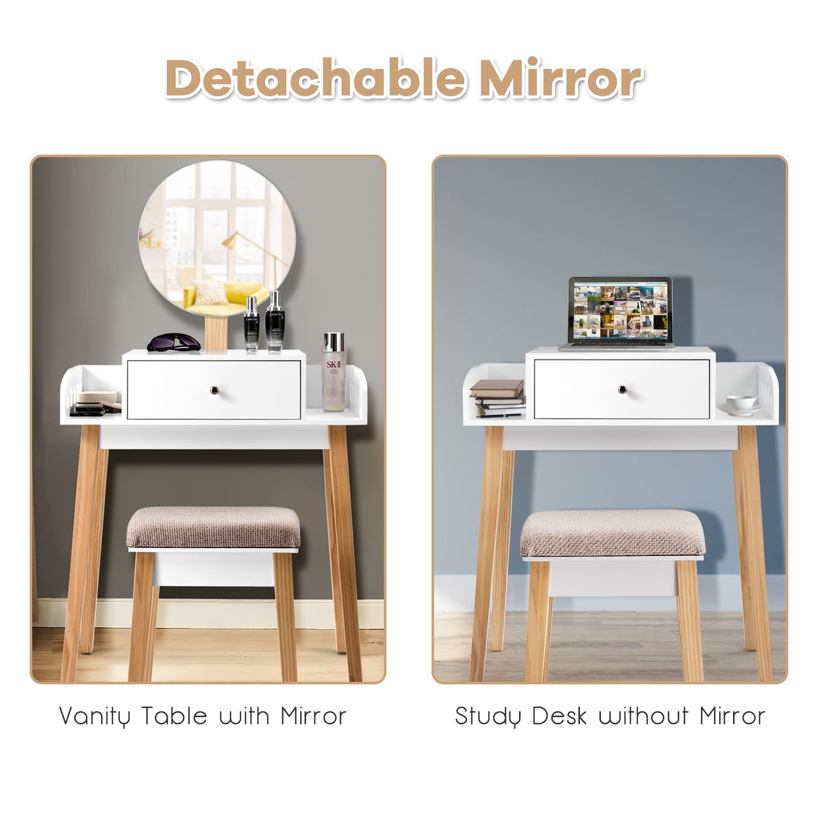 Vanity Table Set with Drawer & Side Storage, Adjustable Height Dressing Table with Rounded Mirror & Pine Legs, Makeup Vanity & Stool Set for Women & Girls - Perfect for Bedroom, Bathroom & Hallway (White & Natural) | Ideal for Makeup, Skincare & Home Decor