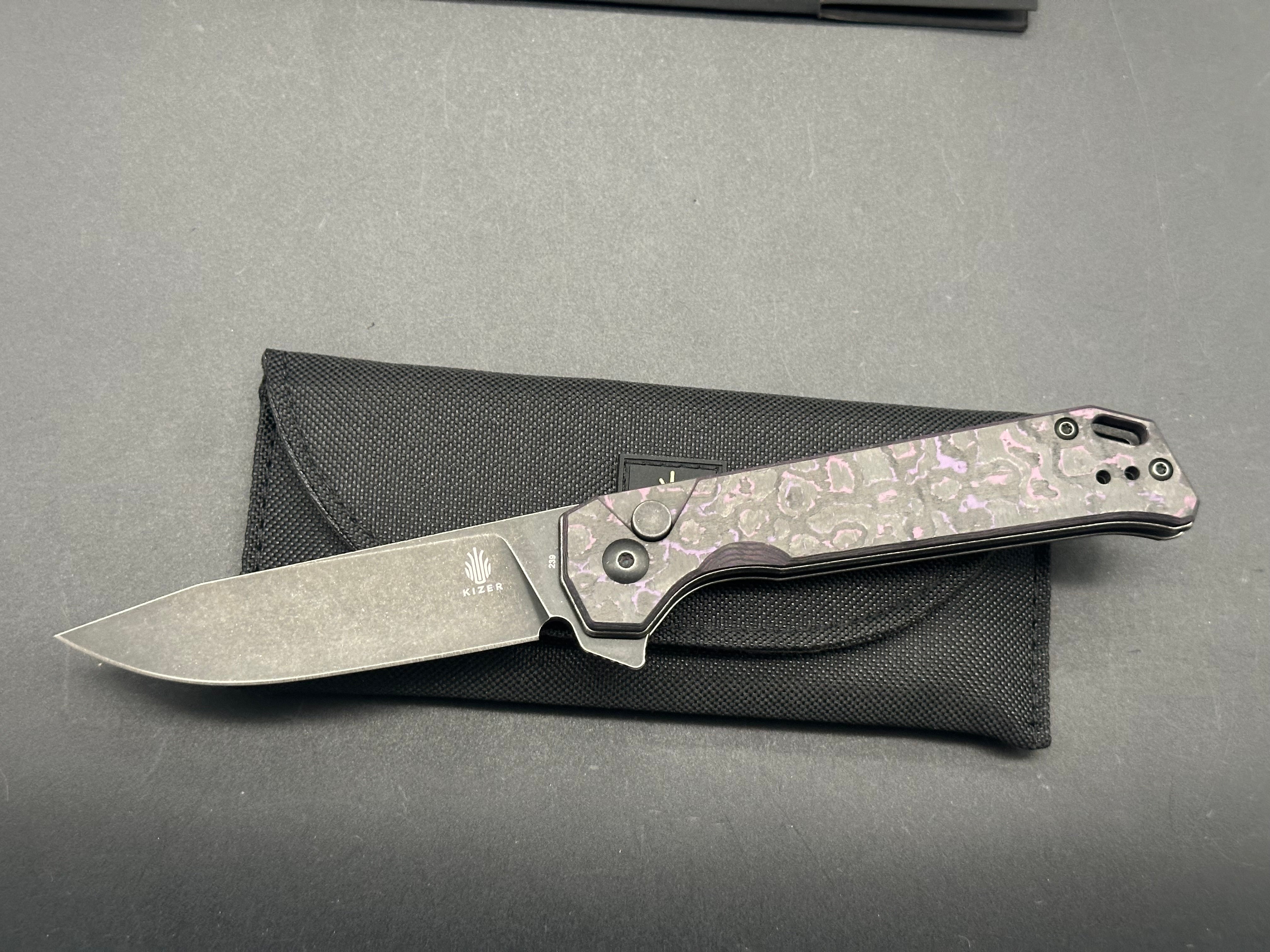 Kizer Begleiter 2 Azo Button Lock Folding Knife - Purple/Black Fat Carbon Handle, EDC Pocket Knife for Outdoor, Camping & Everyday Carry