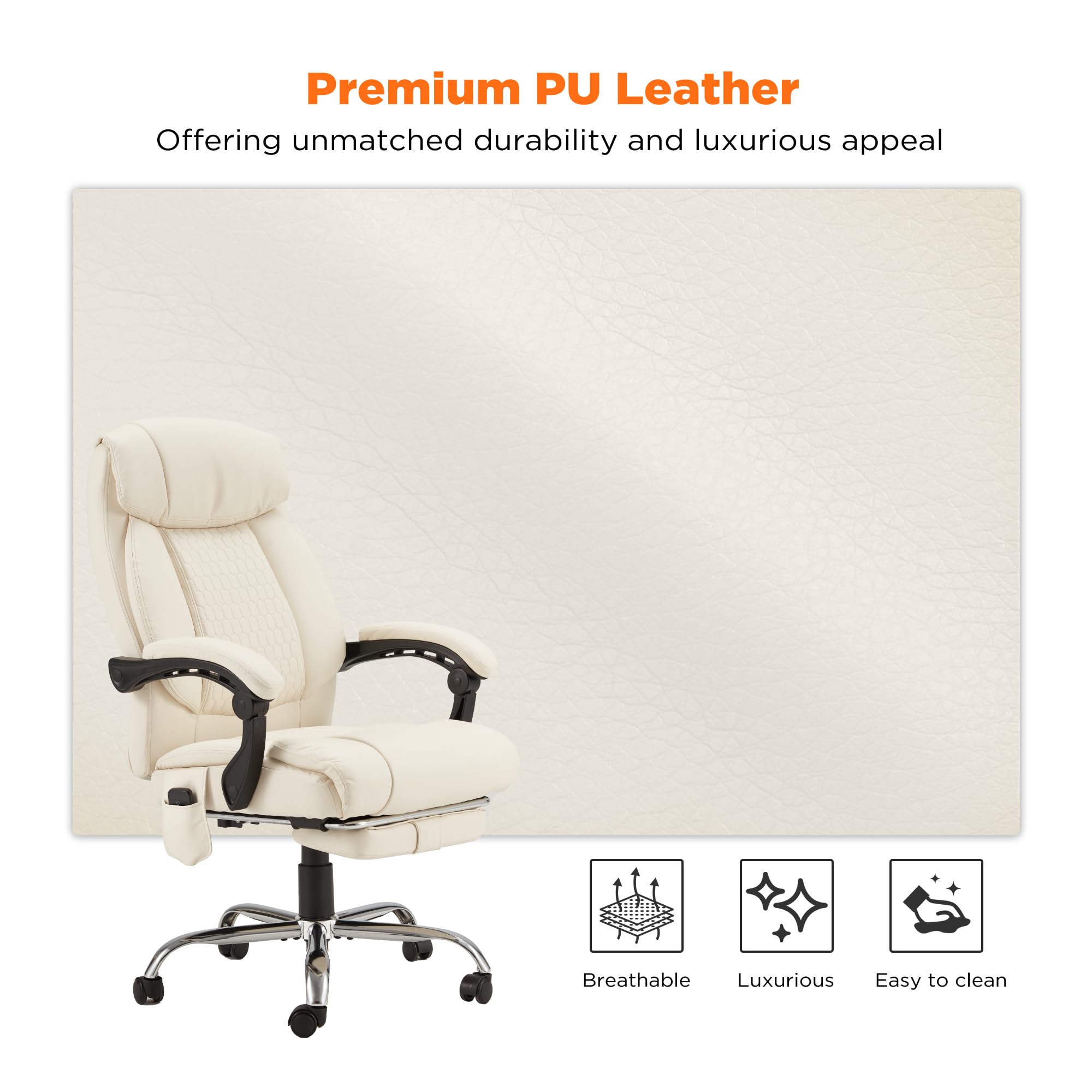 HOMREST Ergonomic Reclining Office Chair with 4-Point Massage & Heating - Adjustable Executive Chair with Retractable Footrest - Comfortable Computer Desk Chair for Home Office, Gaming & Work - Beige