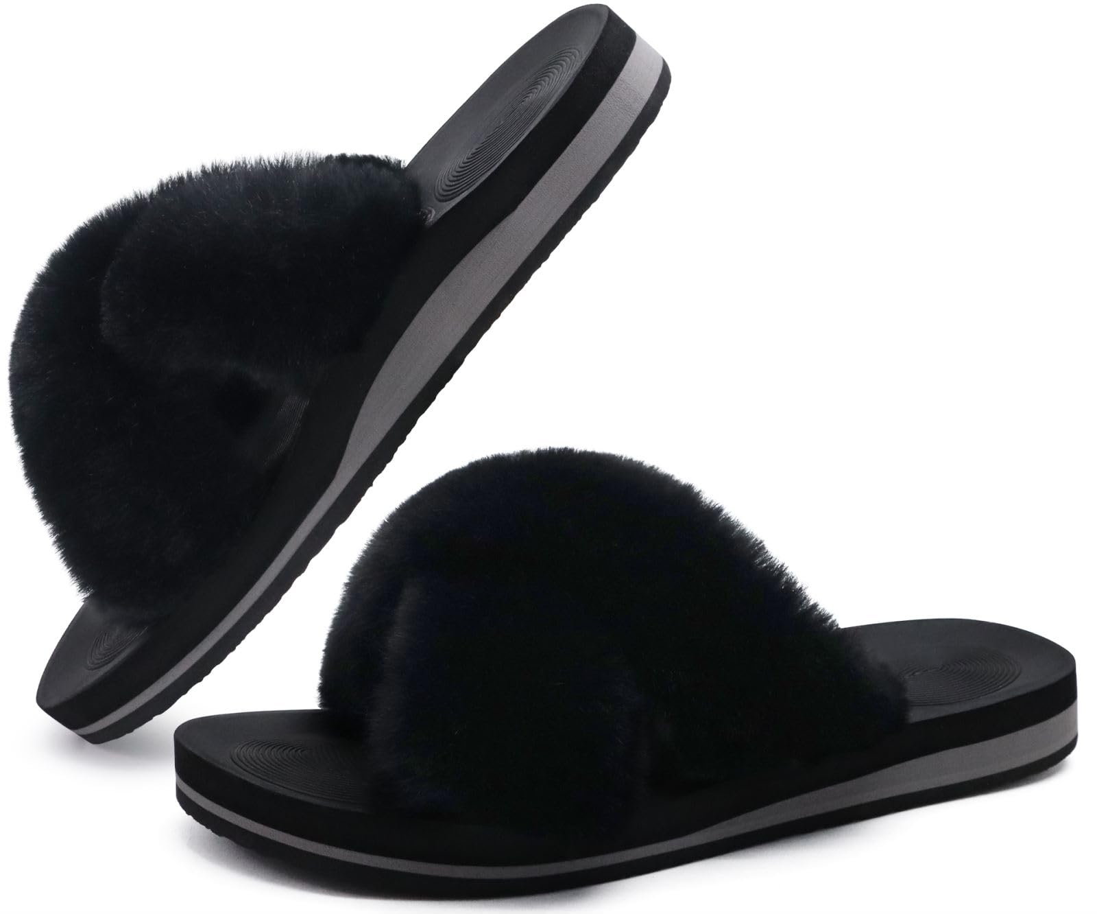 COFACE Women's Fuzzy Slides - Fluffy Faux Fur House Slippers with Arch Support, Open Toe Comfort Sandals for Indoor/Outdoor Wear - Perfect for Yoga, Lounging at Home, and Quick Outdoor Errands