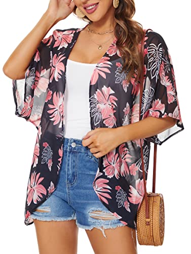 Women's Floral Chiffon Kimono Beach Cover Up - Lightweight Loose Cardigan Cape for Summer, Poolside, and Boho Fashion Outfits
