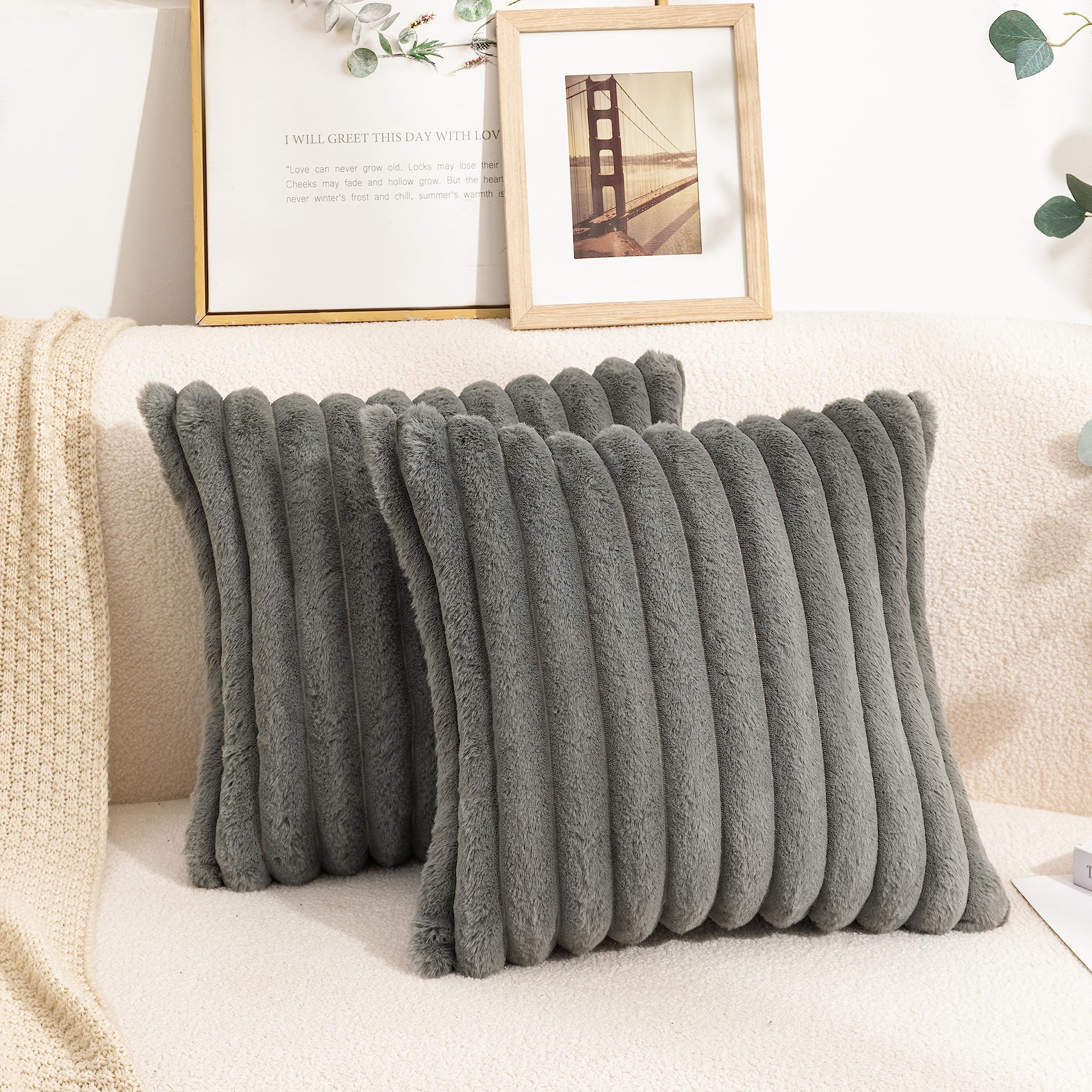 Uhomy Set of 2 Faux Fur Pillow Covers 18x18 Inch - Super Soft Plush Striped Cushion Covers for Sofa, Couch & Bedroom - Grey Luxury Decorative Throw Pillow Cases (45cm) - Perfect for Cozy Home Decor, Living Room Accents & Winter Comfort
