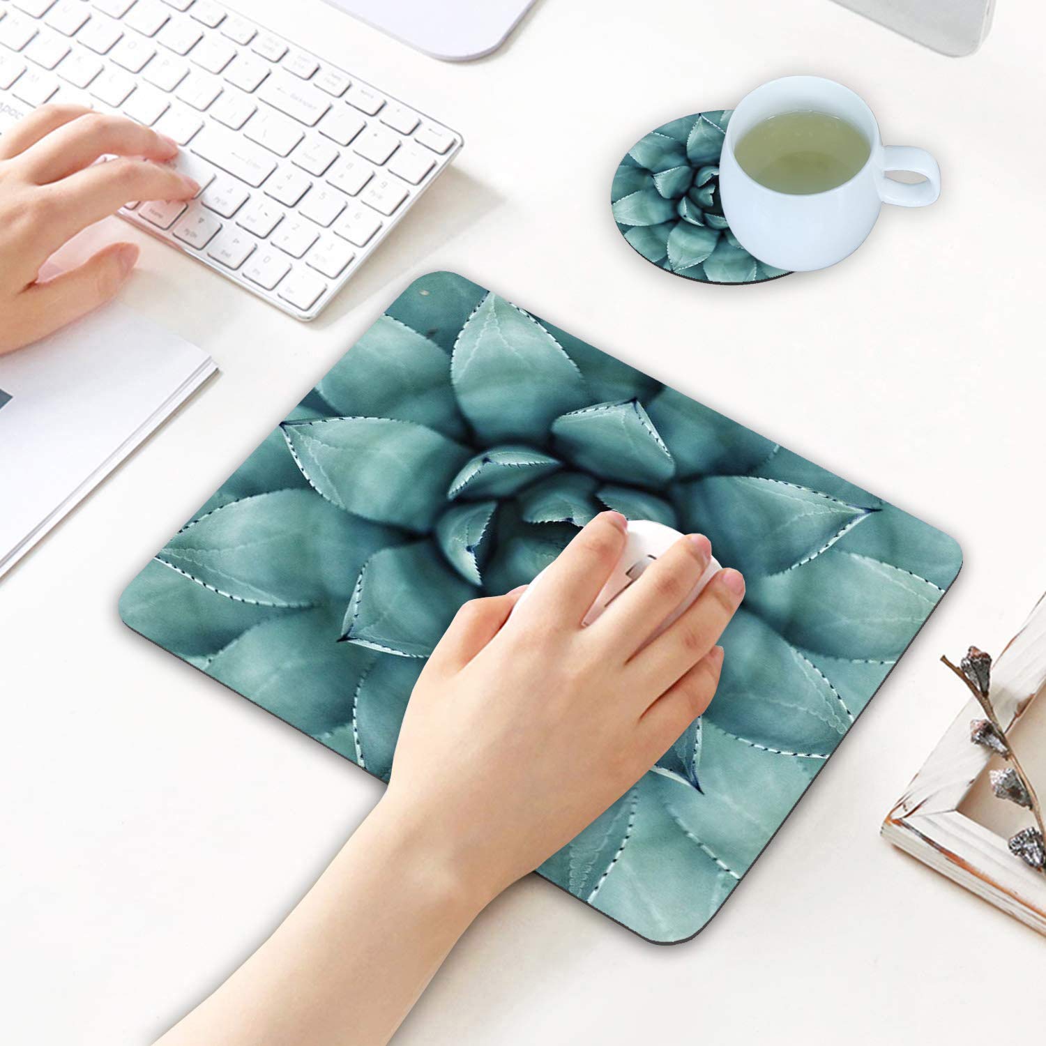 Green Aloe Succulent Plant Mouse Pad & Coasters Set - Non-Slip Rubber Base Rectangle Mouse Pad for Laptop, Computer & Office Accessories | Perfect for Home Office, Gaming & Workspace Decor