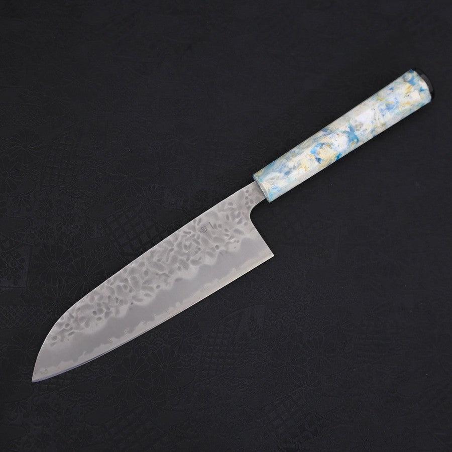 Premium Santoku Knife 165mm - White Steel #1 Stainless Clad with Tsuchime Finish & Ocean White Handle - Japanese Kitchen Knife for Slicing, Dicing & Chopping Vegetables, Fish & Meat