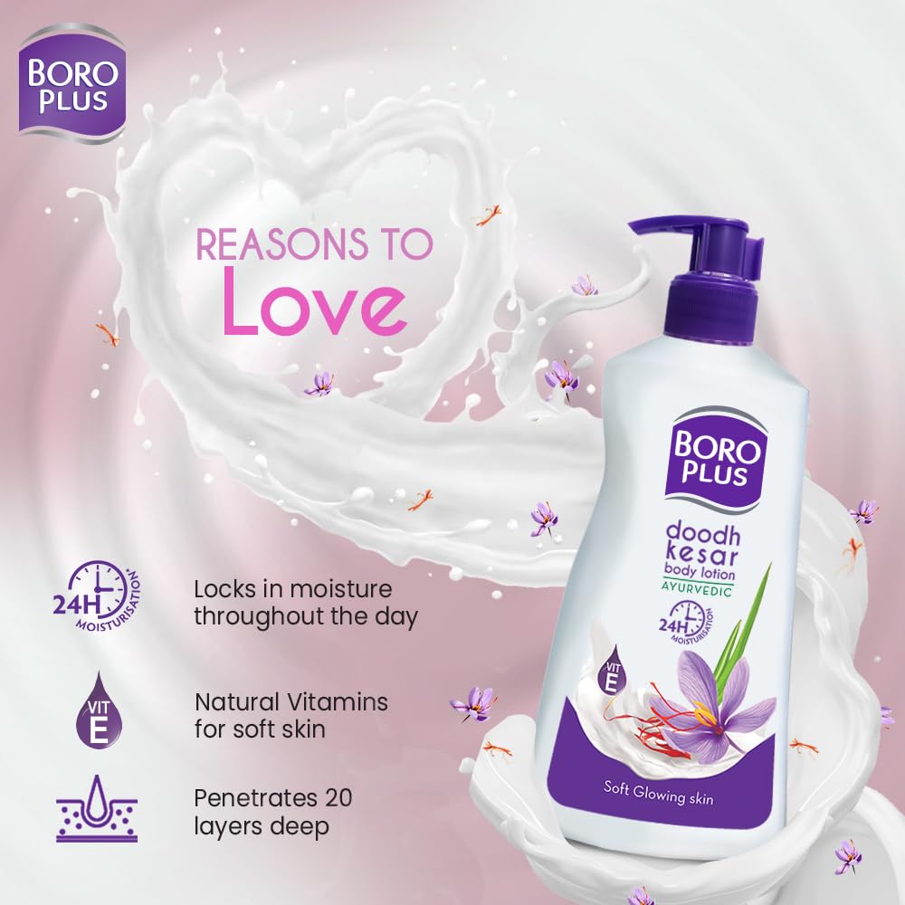 Boroplus Ayurvedic Body Lotion for Dry & Normal Skin - 24Hrs Moisturization with Vitamin E, Dhoodh, Badam & Kesar - 400ml | Perfect for Daily Hydration & Skin Nourishment
