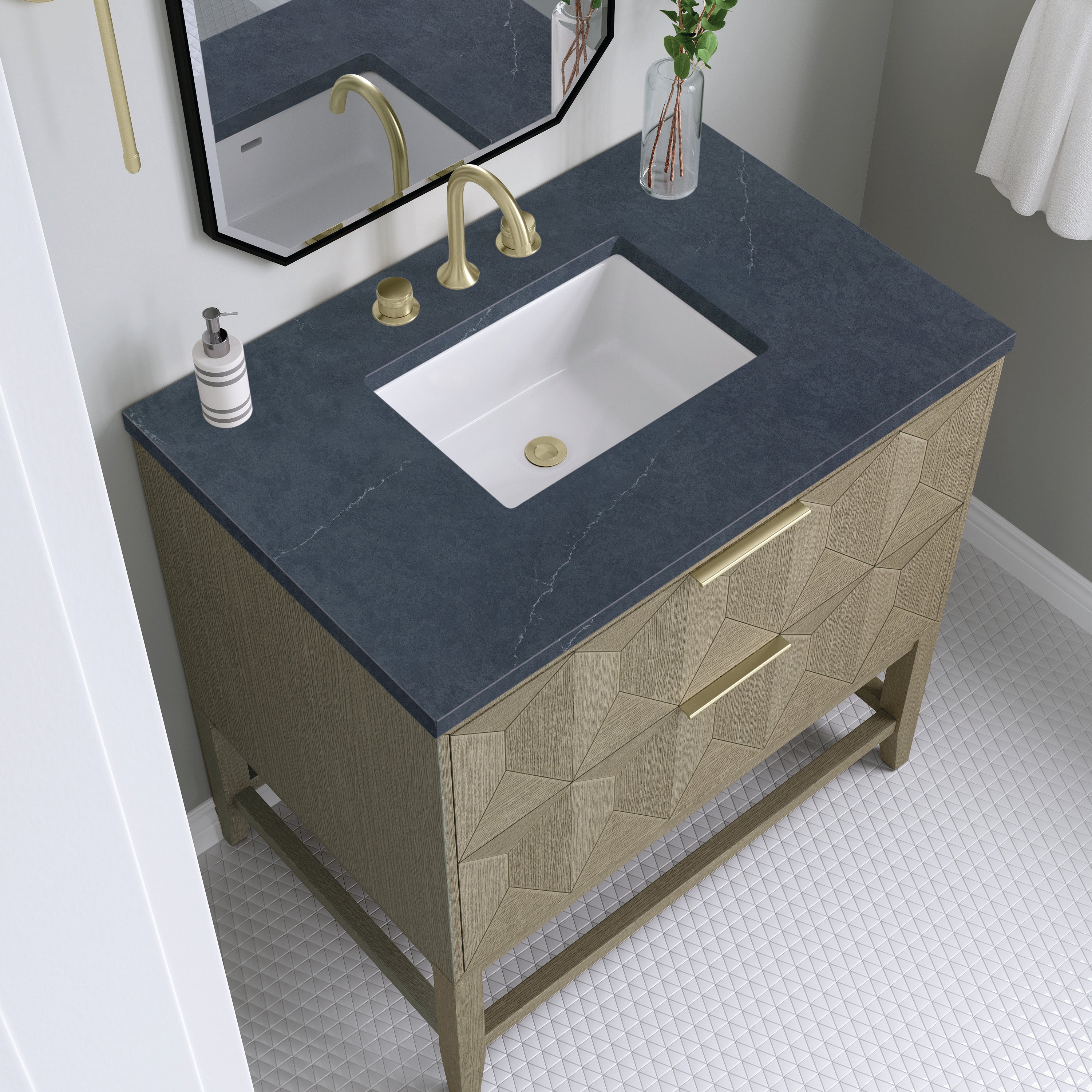 Emmeline 36 Inch Single Bathroom Vanity with Pebble Oak Finish & 3CM Charcoal Soapstone Top - Perfect for Modern Master Bathrooms & Powder Rooms
