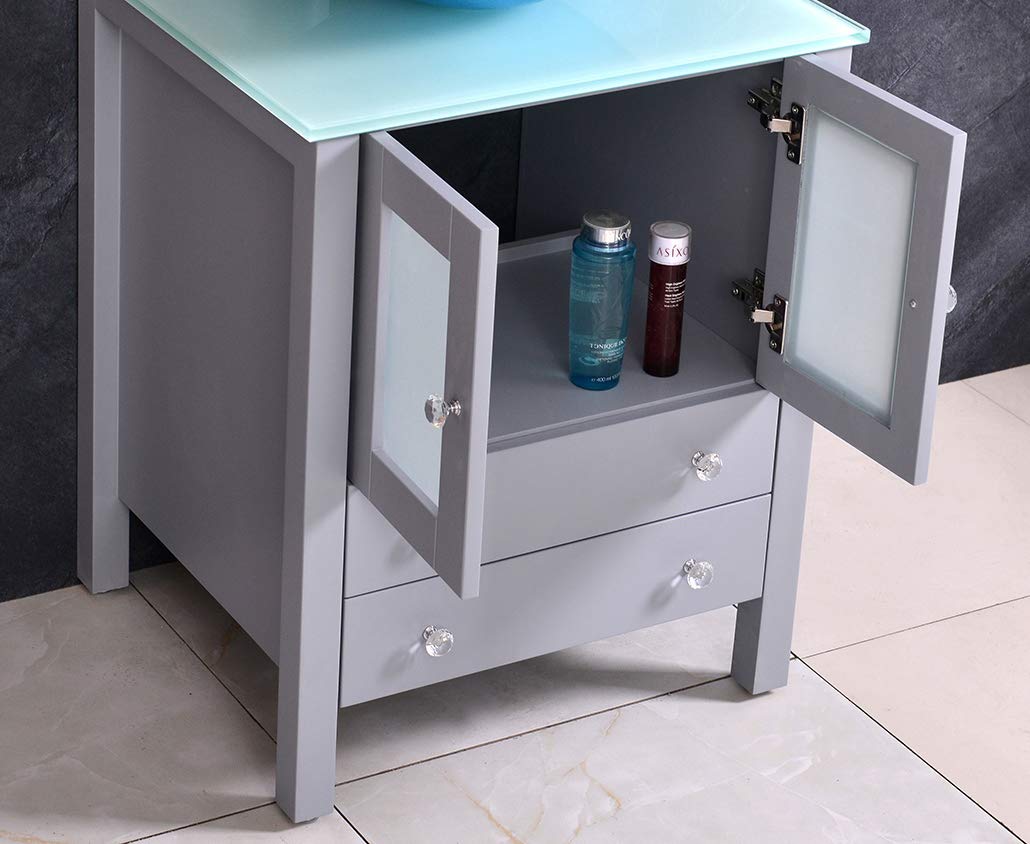 24 Inch Wooden Floor-Standing Bathroom Vanity with Ceramic Vessel Sink, Mirror, Faucet & Drain Included - Modern Grey Bathroom Set for Master Bath, Guest Bath & Powder Room Renovations