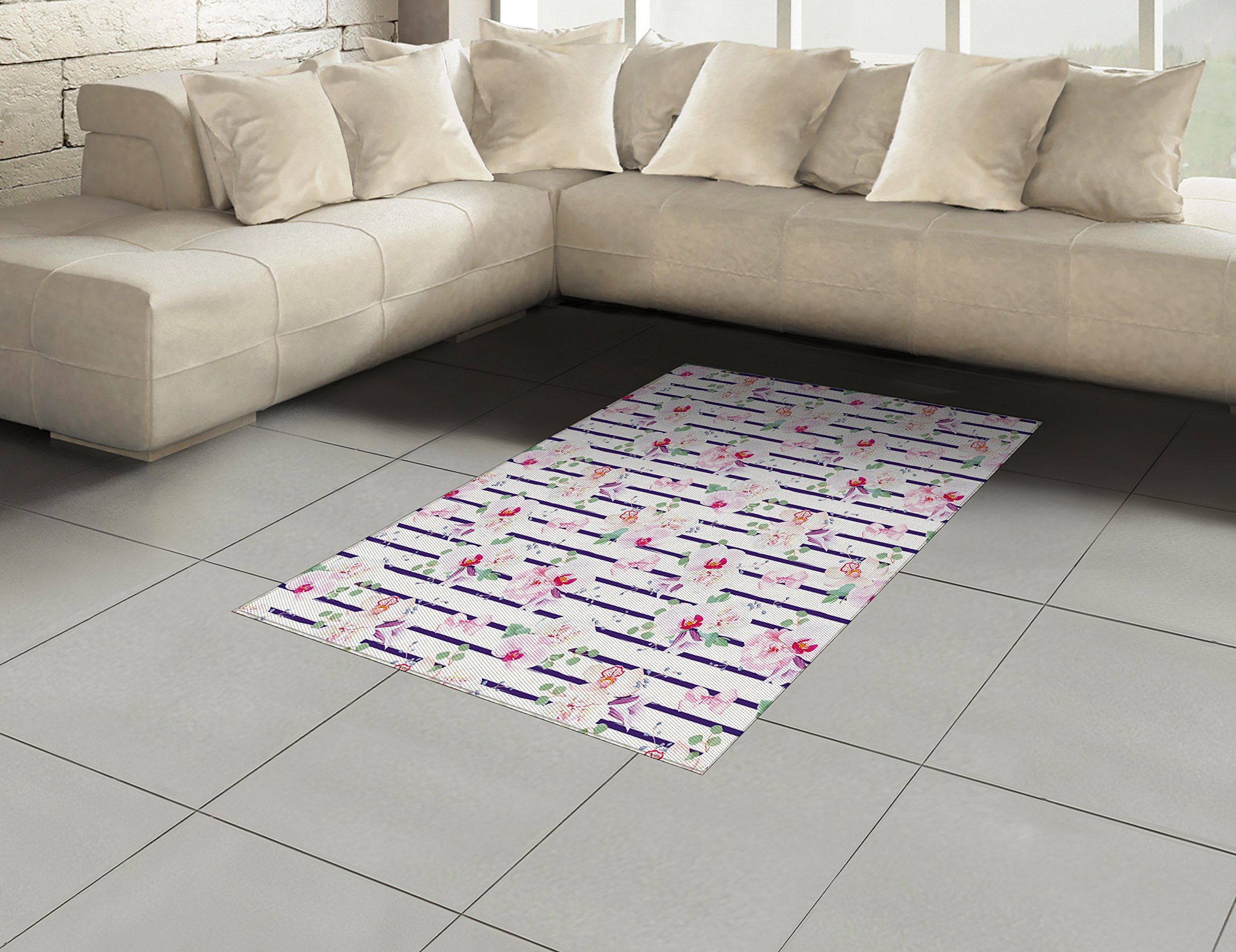 Ambesonne Floral Striped Area Rug - Purple, Pink & Green Spring Bouquet Design - 4' x 5'7