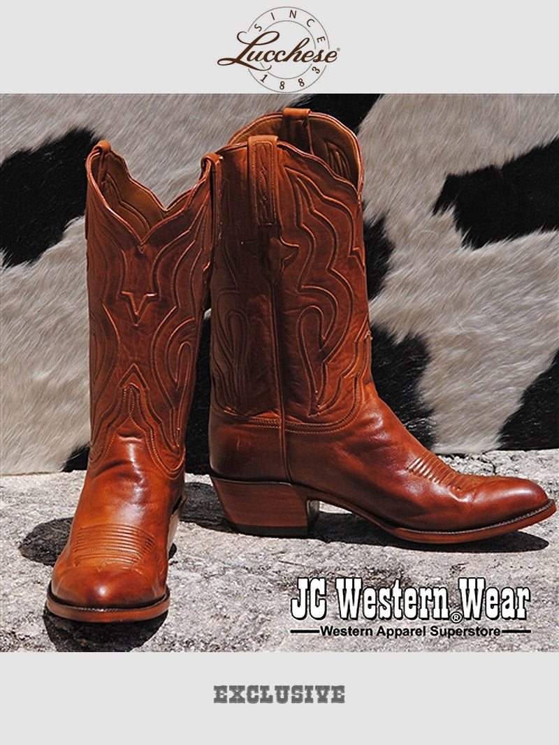 Lucchese GA9303.24 Men's Classic Ranch Hand Leather Boots in Cognac Burnished - Durable Western Boots for Cowboy, Rodeo & Everyday Wear