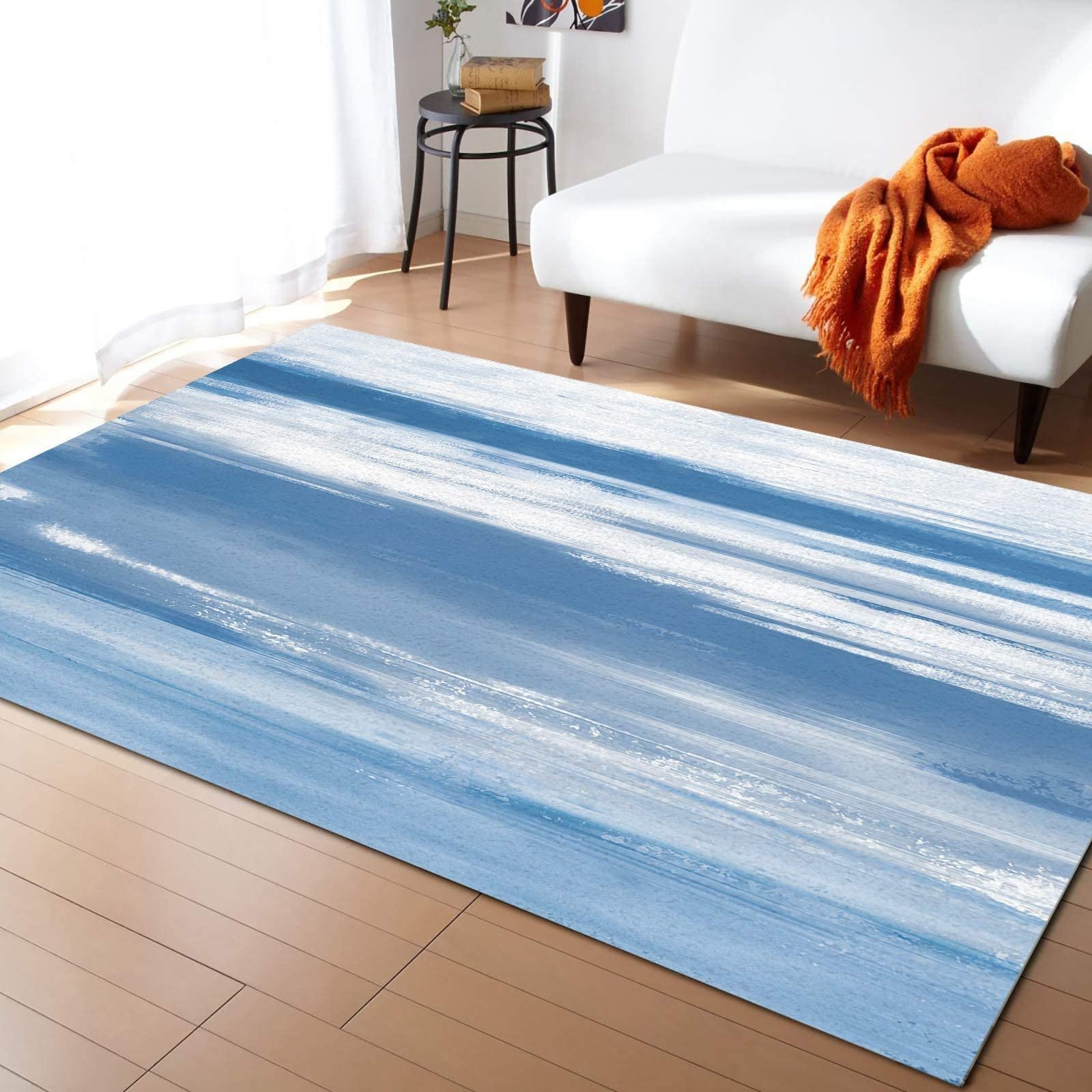 Blue and White Striped Ocean Theme Oil Painting Area Rug 6x8 Feet - Soft Washable Non-Slip Carpet for Living Room & Bedroom | Coastal Decor Indoor Floor Mat for Beach House, Nursery, or Dorm Room