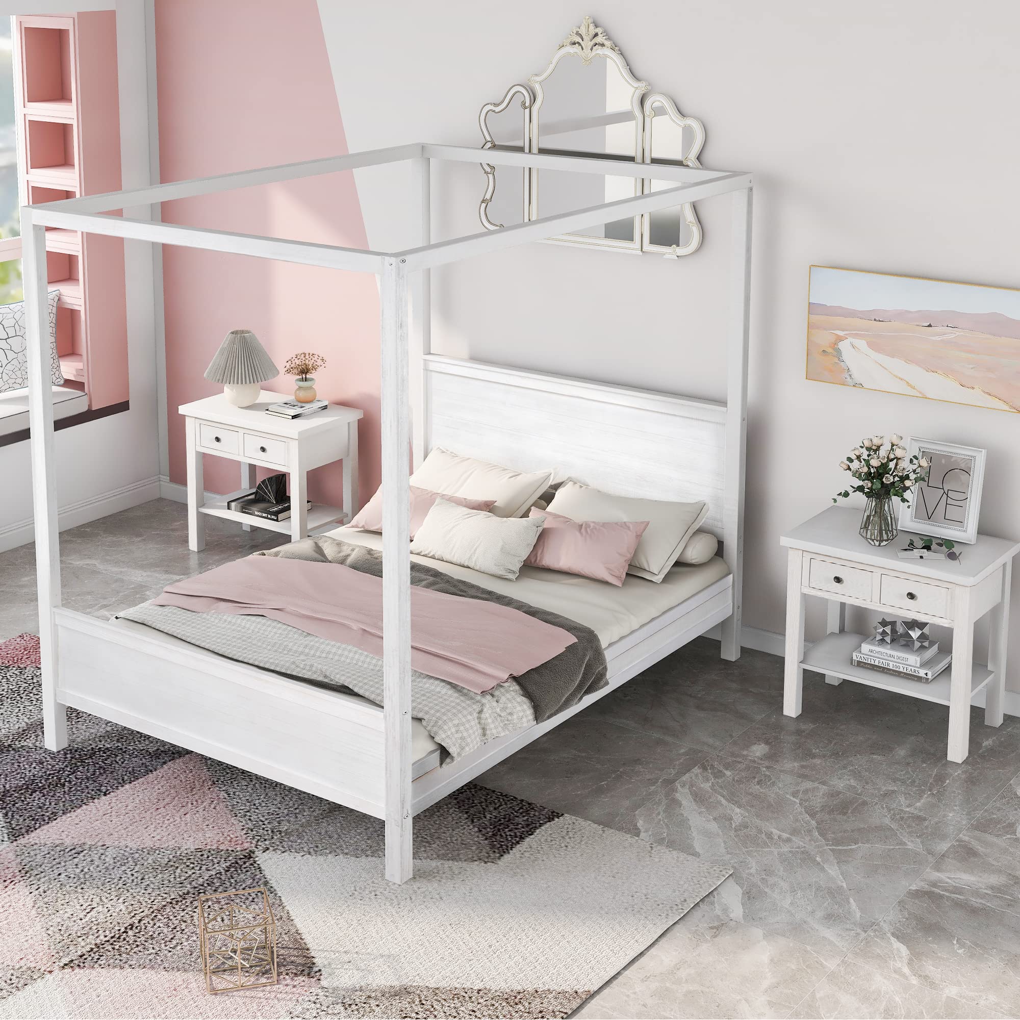Queen Size Wood Canopy Bed Frame with 2 Nightstands - Modern Kids Bedroom Furniture Set for Girls, Boys & Teens - White Finish - Perfect for Bedroom Decor & Sleepovers