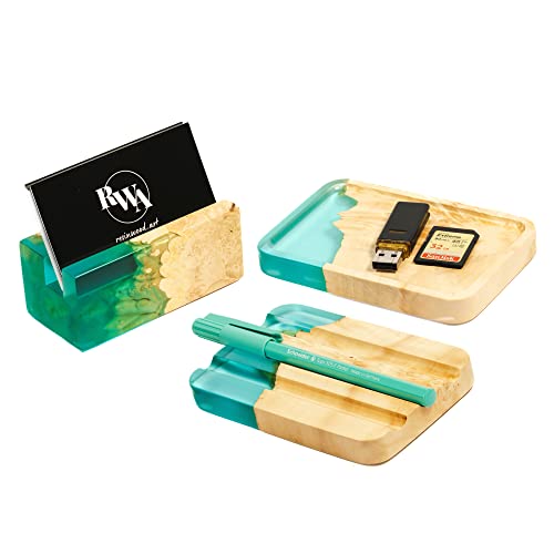 RWA Resinwood Art - Element Desk Organizer Set with Business Card Holder & Pen Tray | Aqua Blue Epoxy & Light Wood Office Supplies | Perfect for Home Office, Workspace & Gift Giving