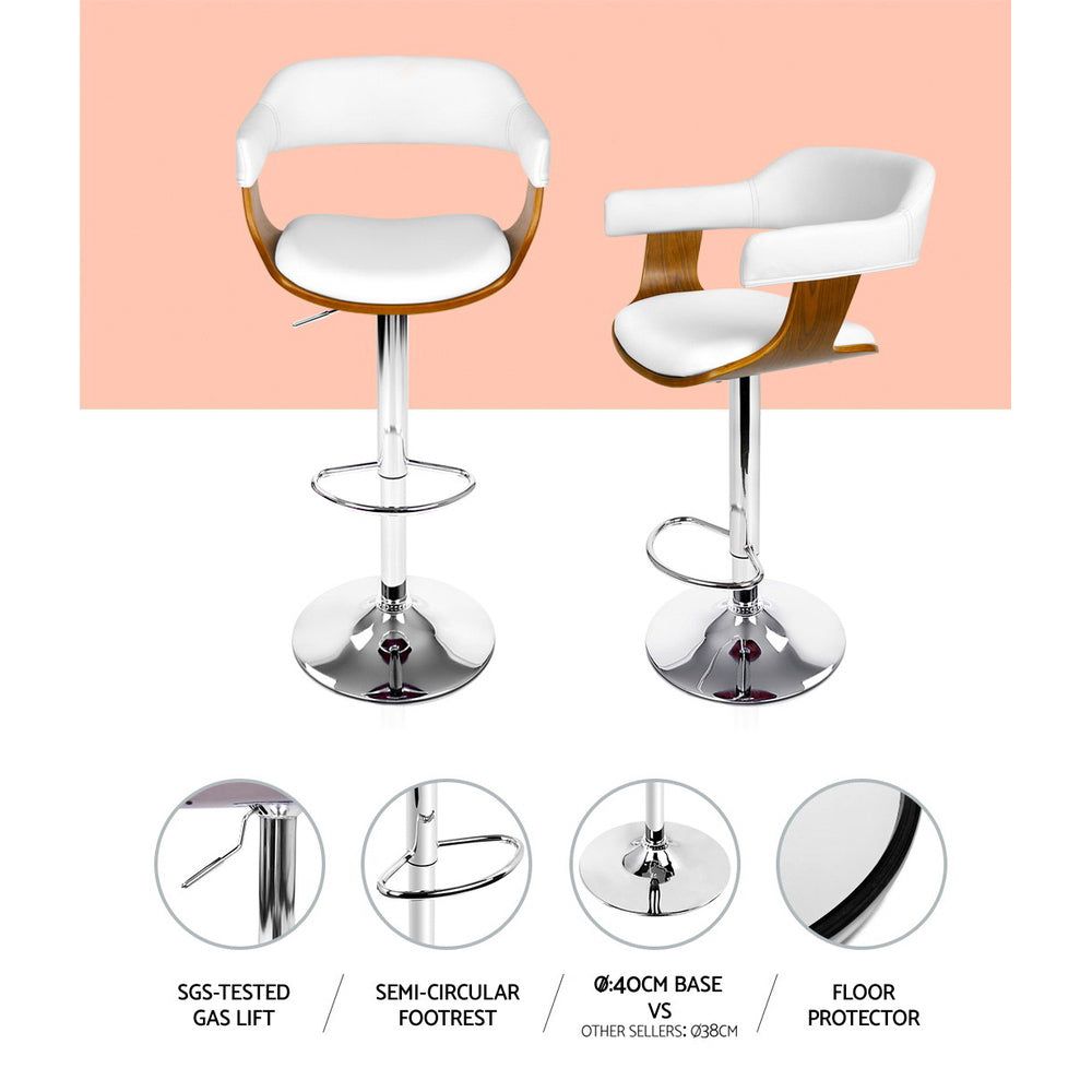 Adjustable Height Bar Stools with Gas Lift Mechanism - White Leather Upholstery & Armrests - Perfect for Kitchen Islands, Breakfast Bars & Home Bars