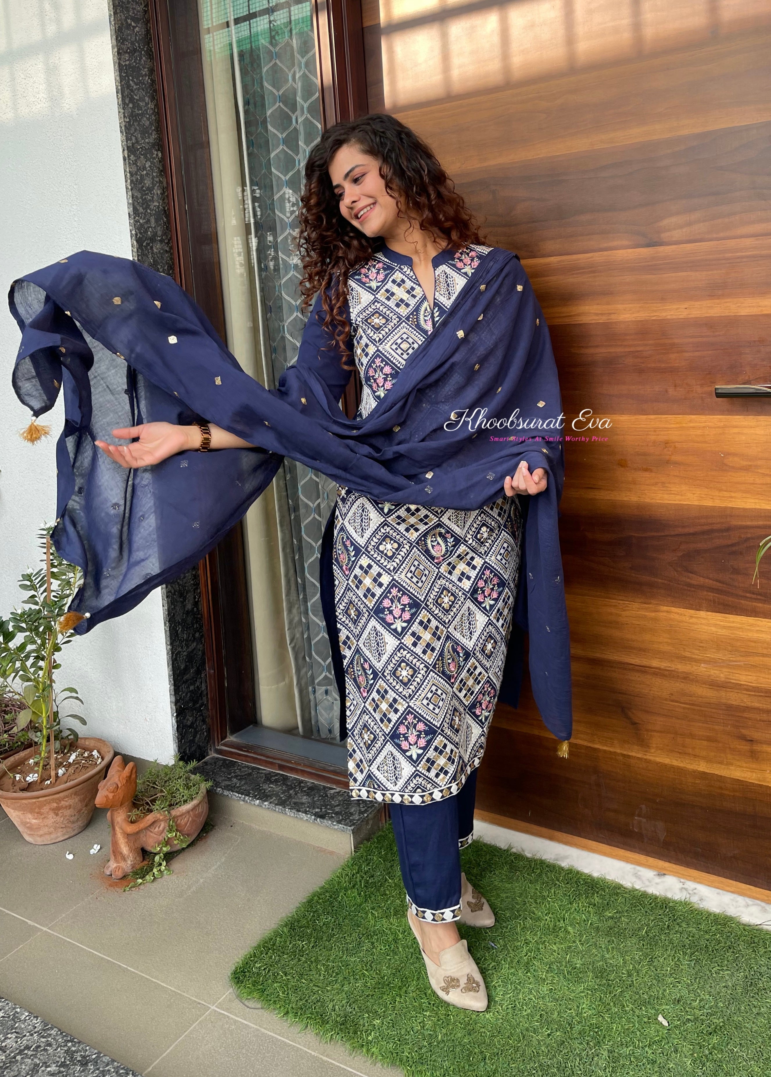 Blue Embroidered Festival Suit Set for Women - Traditional Ethnic Outfit for Parties & Celebrations - Perfect for Diwali, Weddings & Cultural Events