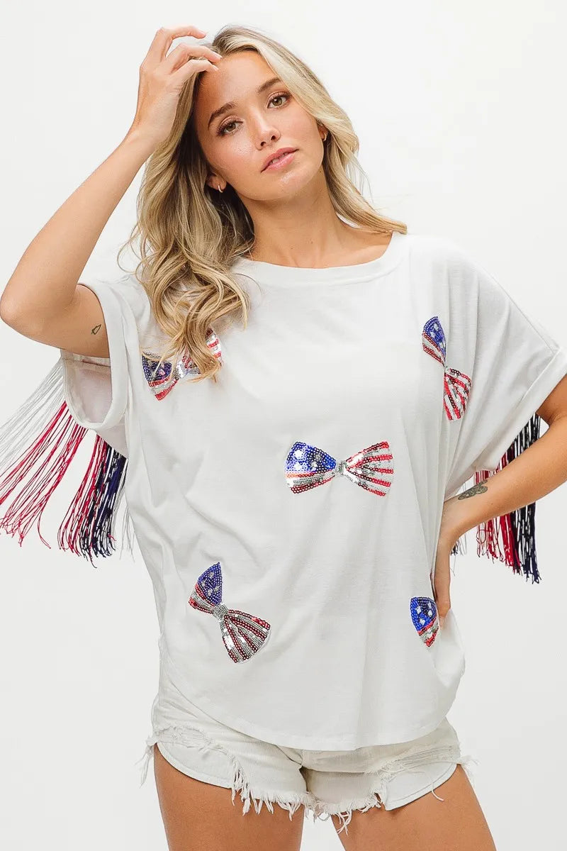 BiBi Patriotic American Flag Sequin Ribbon T-Shirt - Stylish USA Pride Top for Women, Perfect for 4th of July, Memorial Day & Independence Day Celebrations