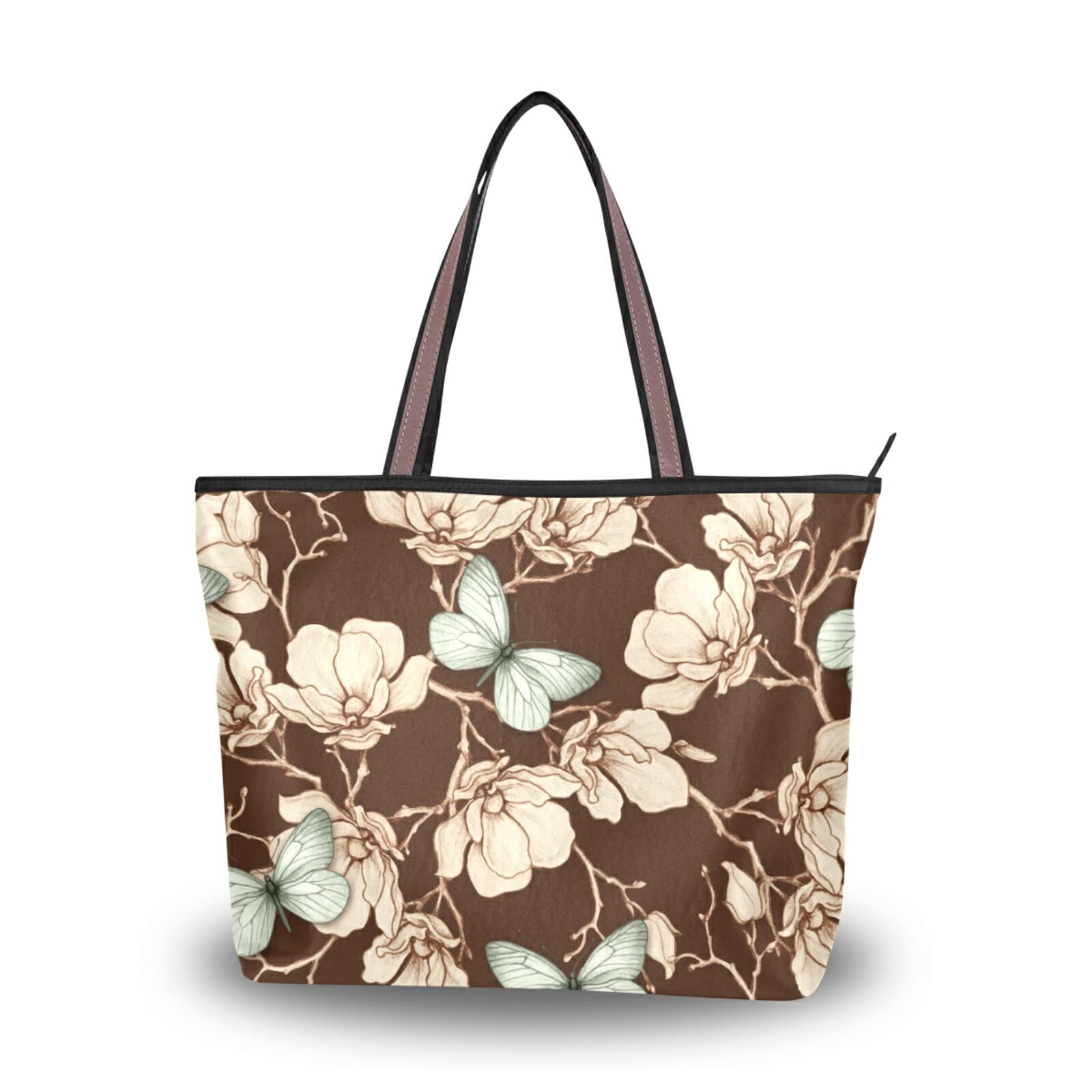 Floral Butterfly Tote Bag for Women - Large Capacity Zippered Purse for Shopping & Daily Use