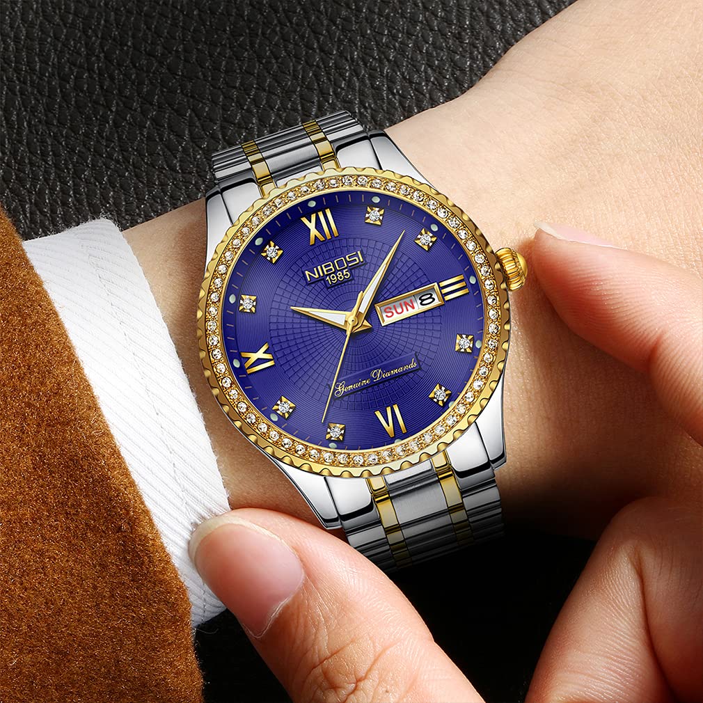 NIBOSI Luxury Diamond Couples Watches - His and Hers Matching Set, Waterproof Quartz Analog Day Date Wristwatch for Husband Wife, Valentine's Wedding Anniversary Gifts, Perfect for Romantic Dates & Special Occasions