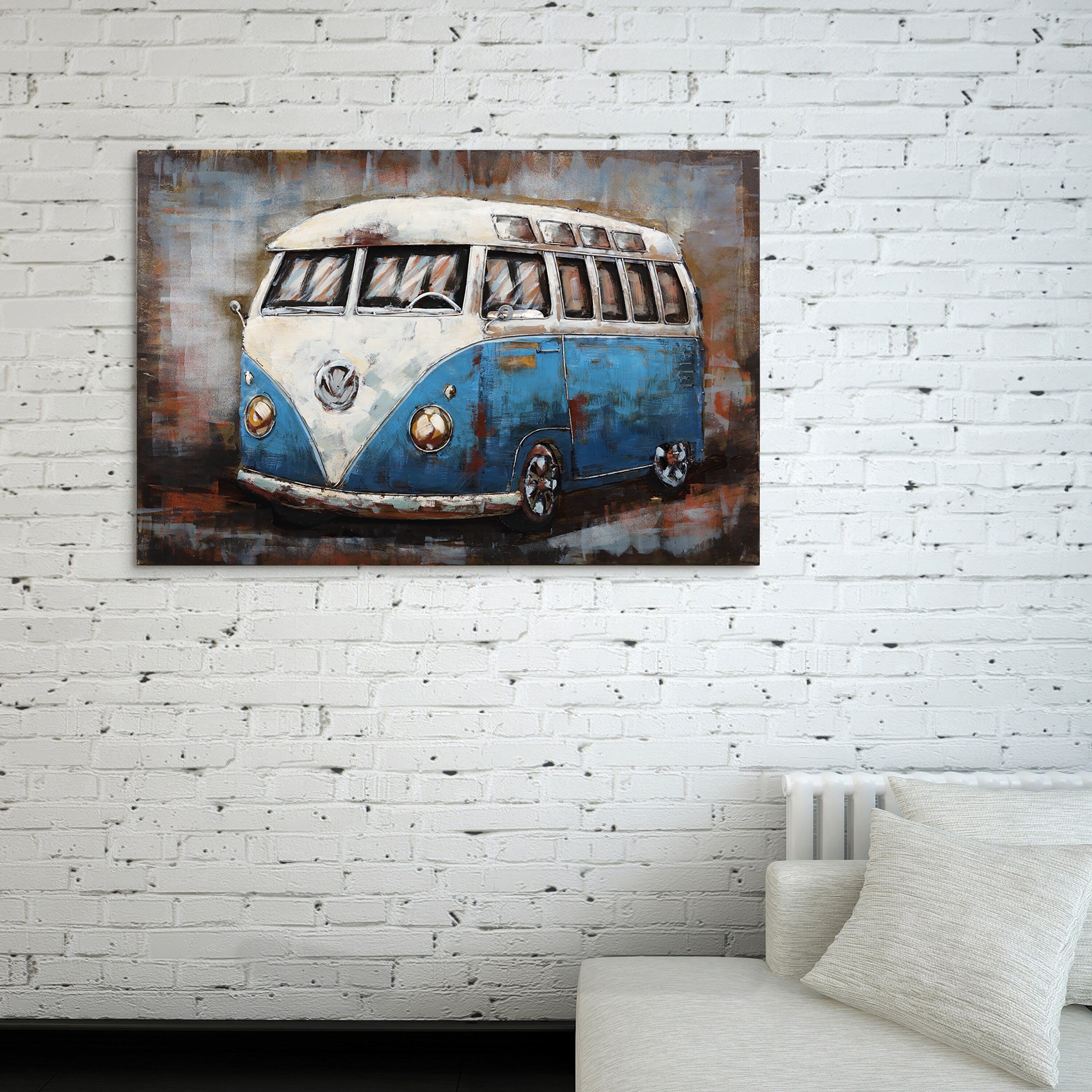 Hand-Painted Blue Bus Mixed Media Dimensional Wall Art - Unique Iron Wall Decor for Living Room, Bedroom & Office