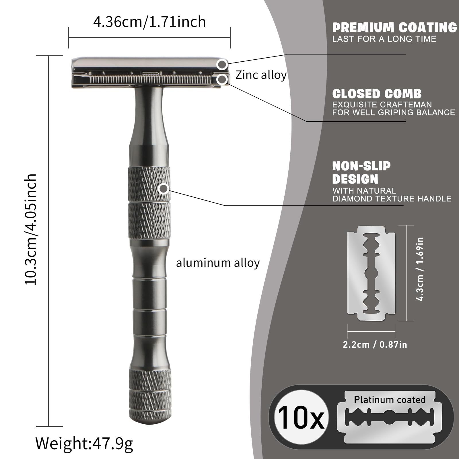 Premium Safety Razor for Women & Men - Single Blade Reusable Metal Razor with 10 Platinum Coated Blades - Gun Black - Eco-Friendly Shaving for Face & Body - Perfect for Travel, Home & Sustainable Grooming Routine