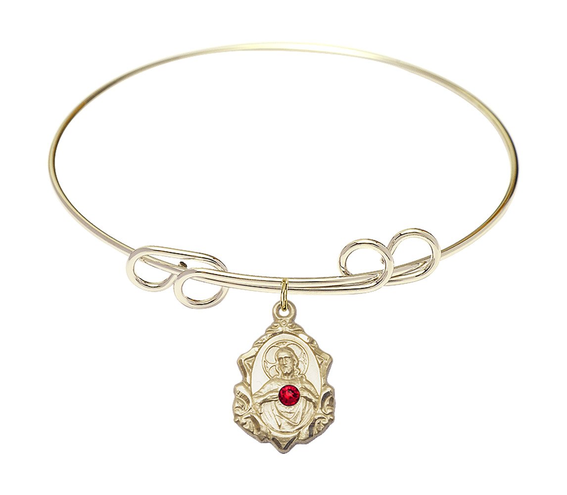 8 Inch Round Double Loop Bangle Bracelet with Scapular Medal Charm & July Red Crystal - Elegant Jewelry for Women, Perfect for Gifts, Parties, and Everyday Wear