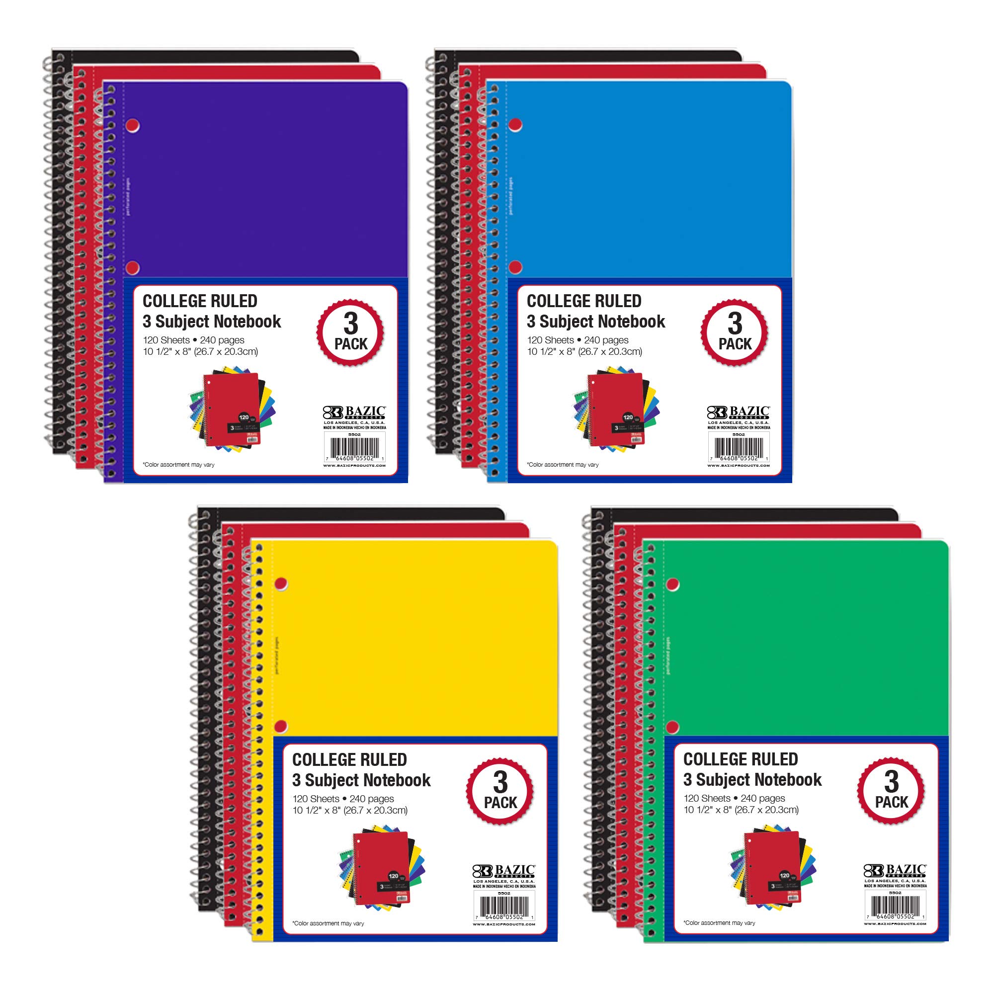 BAZIC 3 Subject College Ruled Notebook, 120 Sheets, 24-Pack Assorted Colors - Perfect for School, Office & College Note Taking, Organizing Class Notes & Homework Assignments